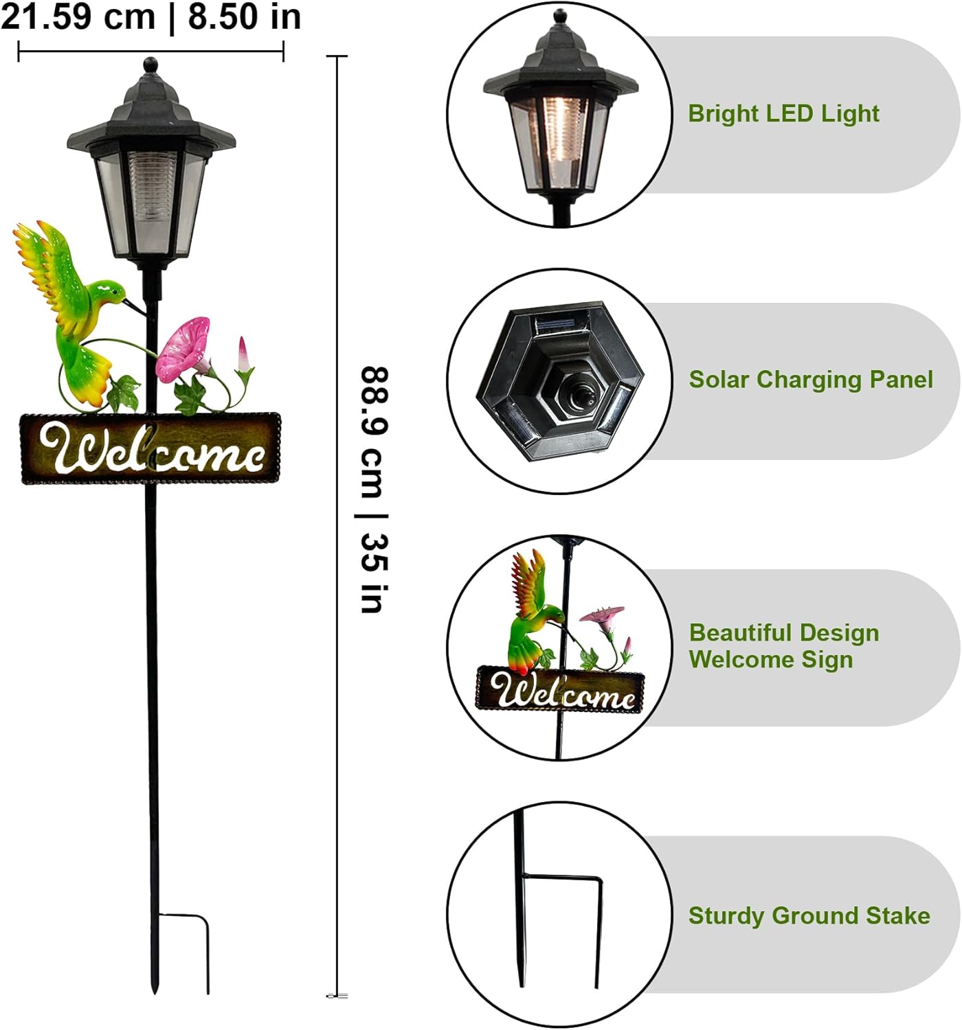 Crosslight Solar LED Hummingbird Welcome Sign - Weatherproof Garden Stake Light for Outdoor Decoration - Decor for Yard, Lawn, Patio, Pathway, Backyard | Warm White