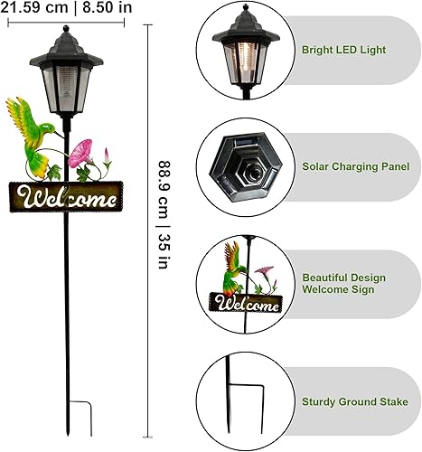 Miniatura 6 de Crosslight Letrero de bienvenida LED solar de colibrí, luz de estaca de jardín resistente a la intemperie para decoración al aire libre - Decoración