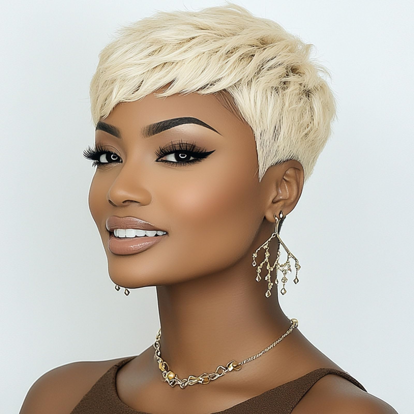 MOONSHOW Short Blonde Wigs for Black Women Pixie Cut Wig 613 Blonde Short Cut Wig Layered Pixie Cuts Hair Wigs Blonde Pixie Hairstyles for Black Women