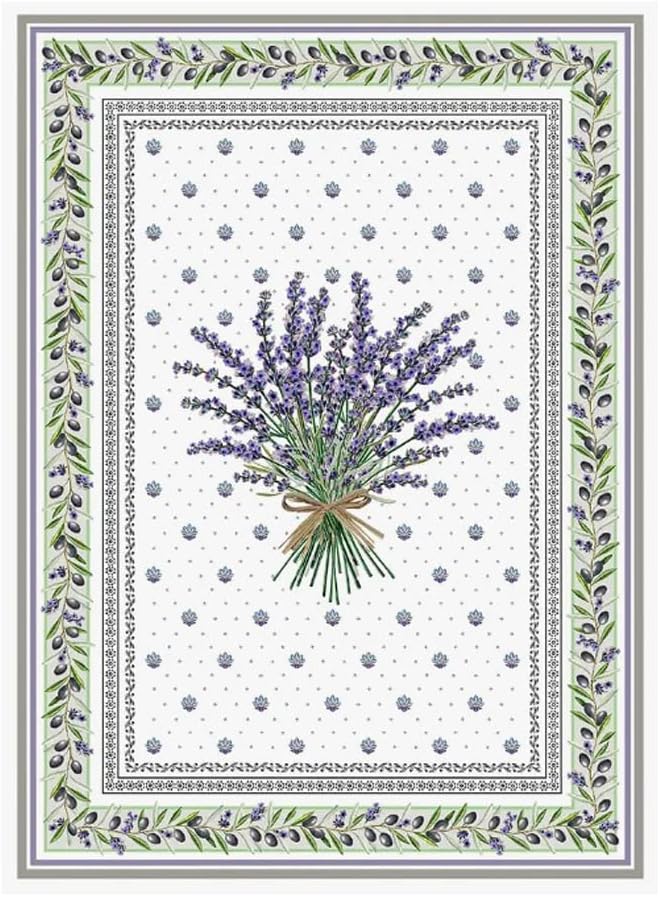 TISSUS TOSELLI, Lavender White (Lauris Ecru) Provence Collection Kitchen/Tea Towel, 100% Cotton, Imported