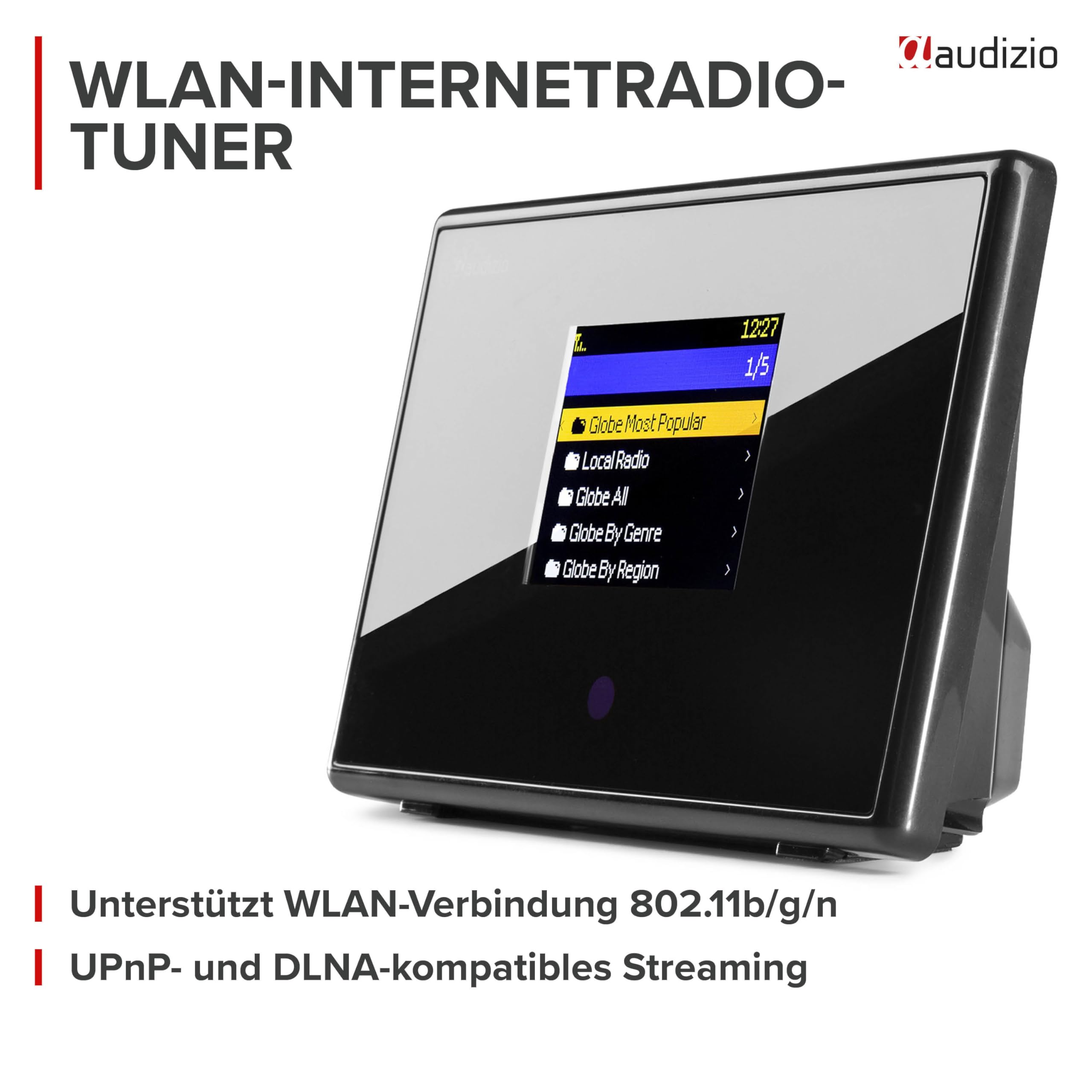 Audizio Turin Internetradio Adapter WLAN & Bluetooth - WLAN Radio Tuner für Stereoanlage & Aktivboxen - Internet Radio Receiver - 2,4" Farbdisplay, Line-Out, Wecker & Fernbedienung - Schwarz