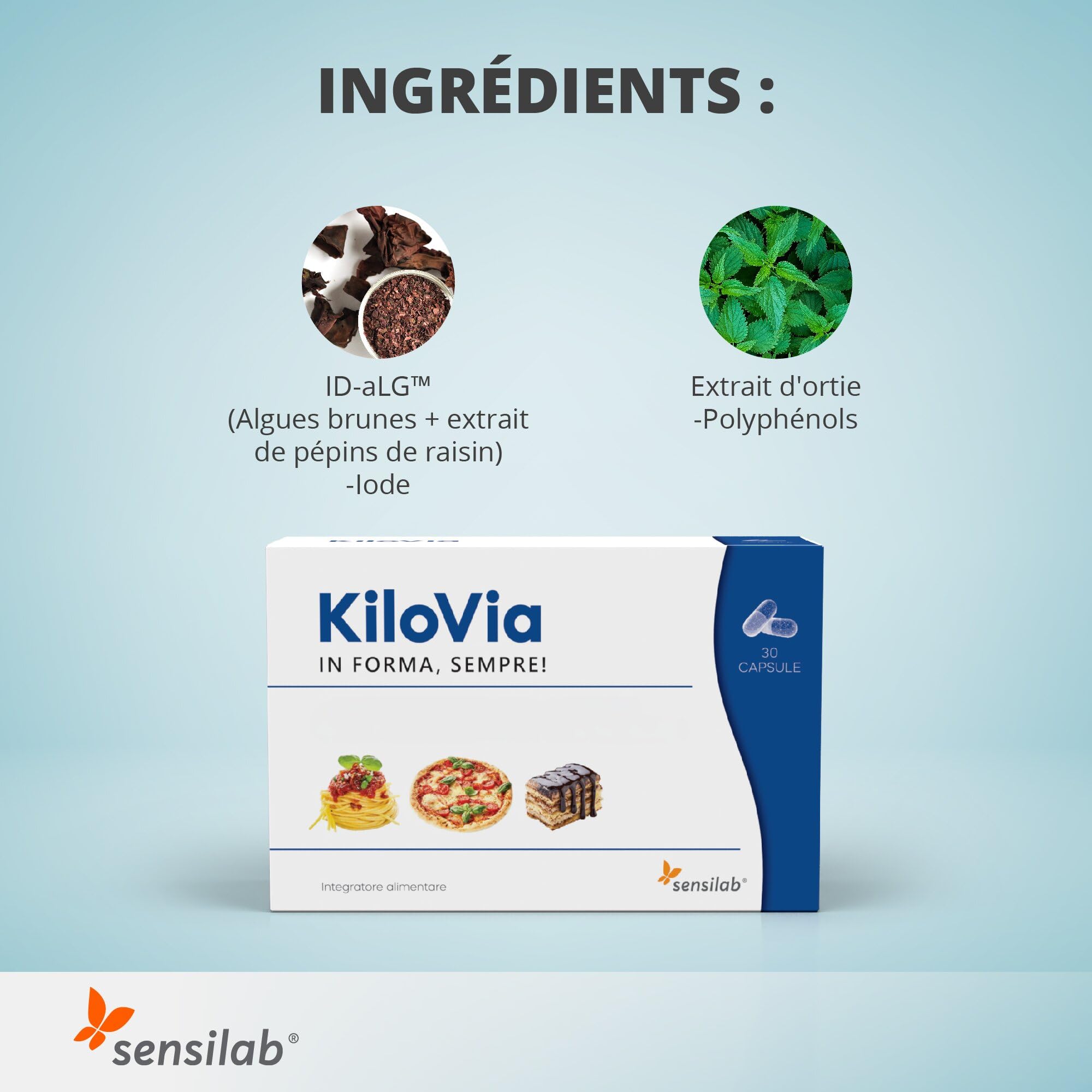 Sensilab KiloVia - Gélules Après Repas, Algues Brunes, 60 Gélules | Pépins de Raisin, Extrait de Feuille d'Ortie, avec Iode, Cure 1 Mois