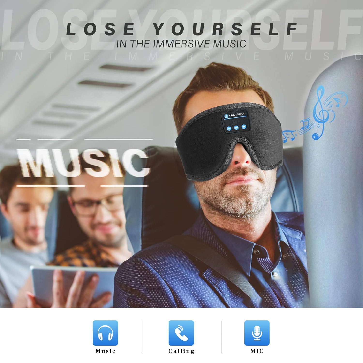 Man wearing Bluetooth headband on an airplane, listening to music