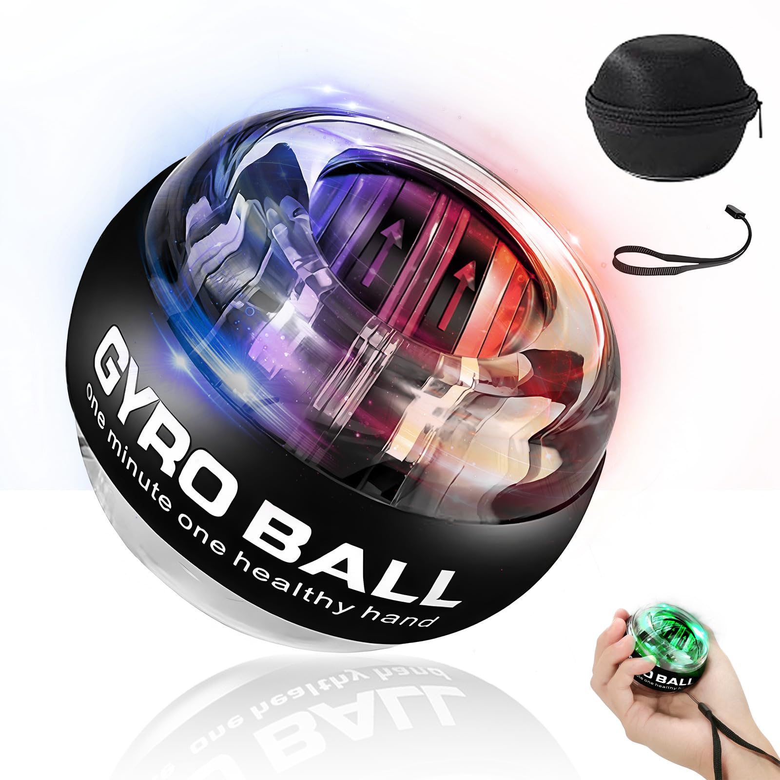 BeSokar Gyroball, Pallina Giroscopica per Allenamento Polso, 5 Livelli di Resistenza, LED, con Borsa e Braccialetto (Guscio trasparente)