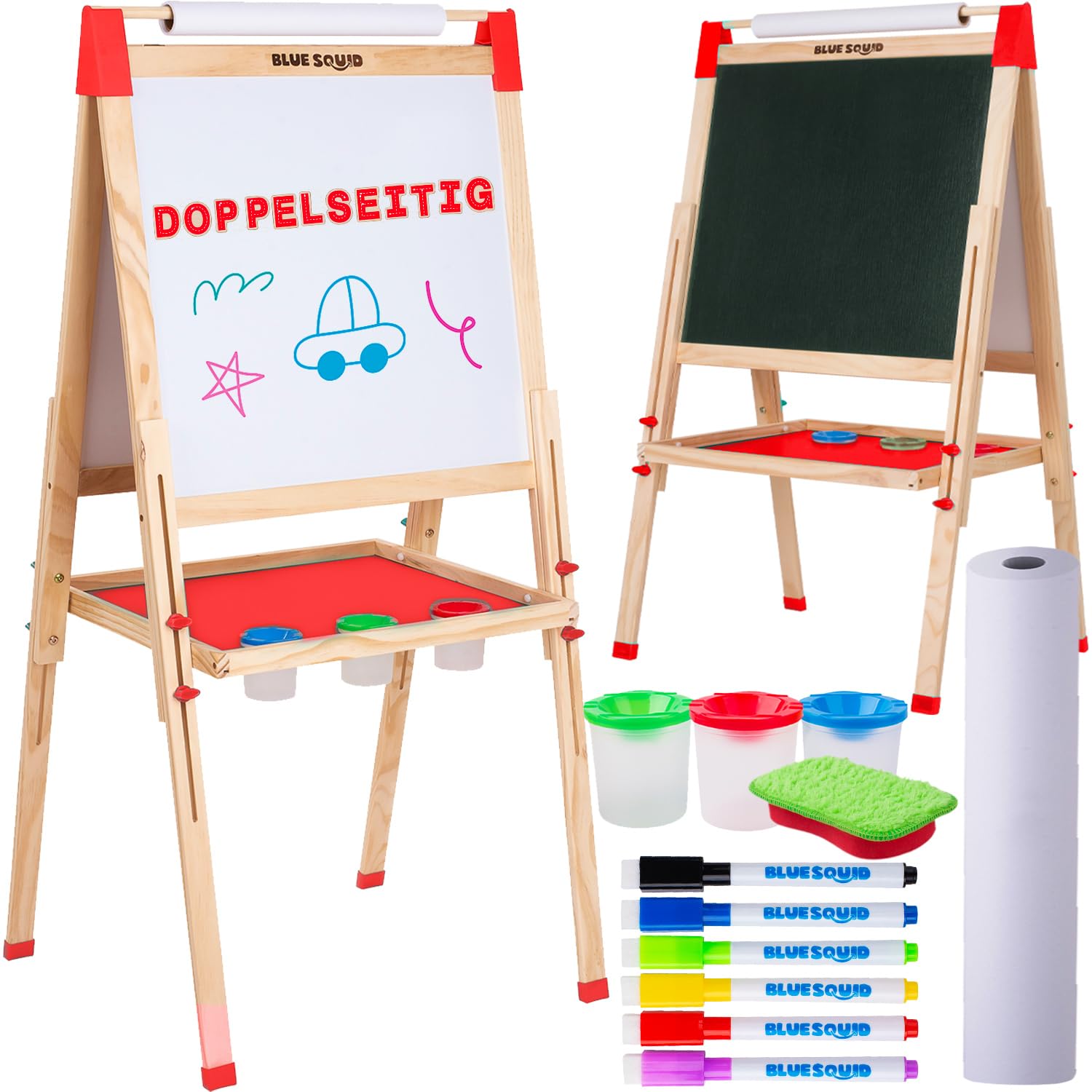 Kunst Staffelei für Kinder mit Zubehör- Doppelseitige hölzerne Tafel für Kinder mit magnetischer Kreidetafel, abwischbarem Whiteboard & Papierrolle, Kindertafel mit Kreide und Magnet 2-4 4-8 9-12