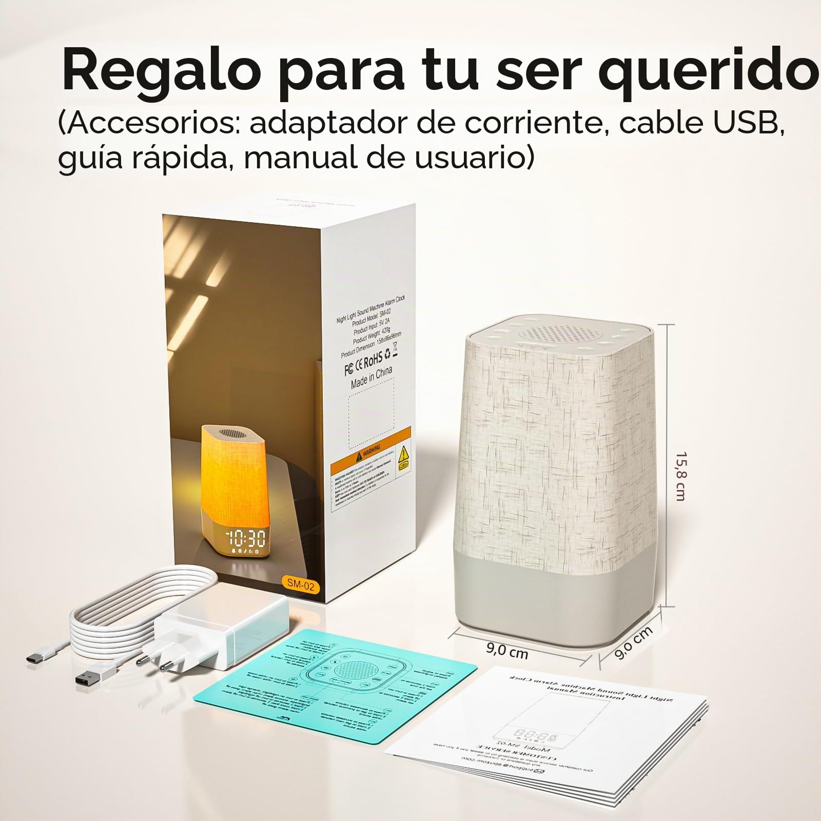 Despertador luminoso simulador de amanecer, lámpara de noche regulable con función de carga, Snooze, temporizador y luz
