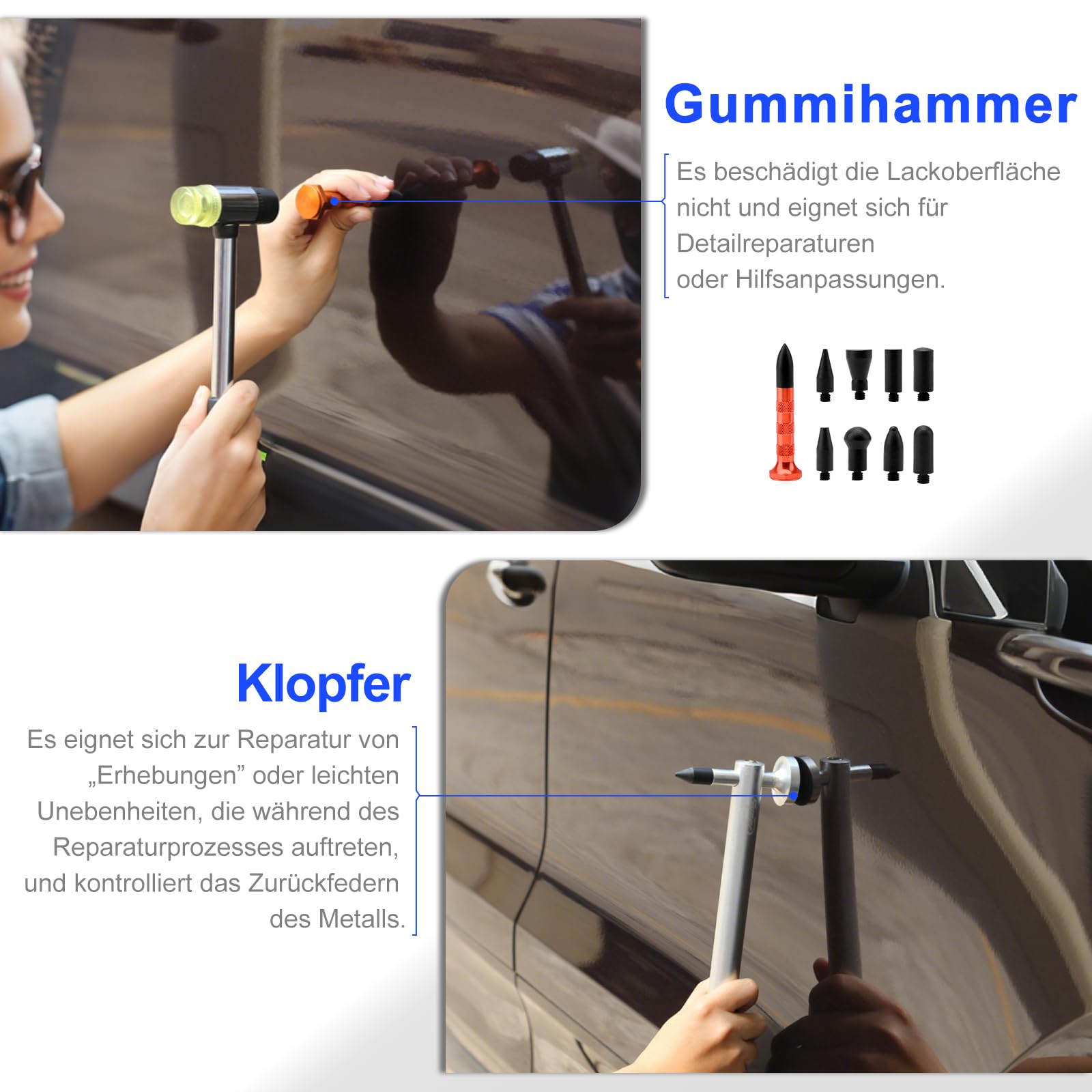 Dellen Reparaturset Auto, Ausbeulwerkzeug mit PDR Stangen, LED PDR Lampe Verstellbar, 2-in-1 T-Griff Abzieher, Leichter Beulenheber & Brückenzieher für Hagelschäden und Beulen