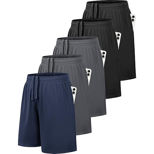 MLYENX 5 Pack Boys Athletic Shorts Active Performance Youth Kids Basketball Shorts Quick Dry with Elastic Waist Pockets