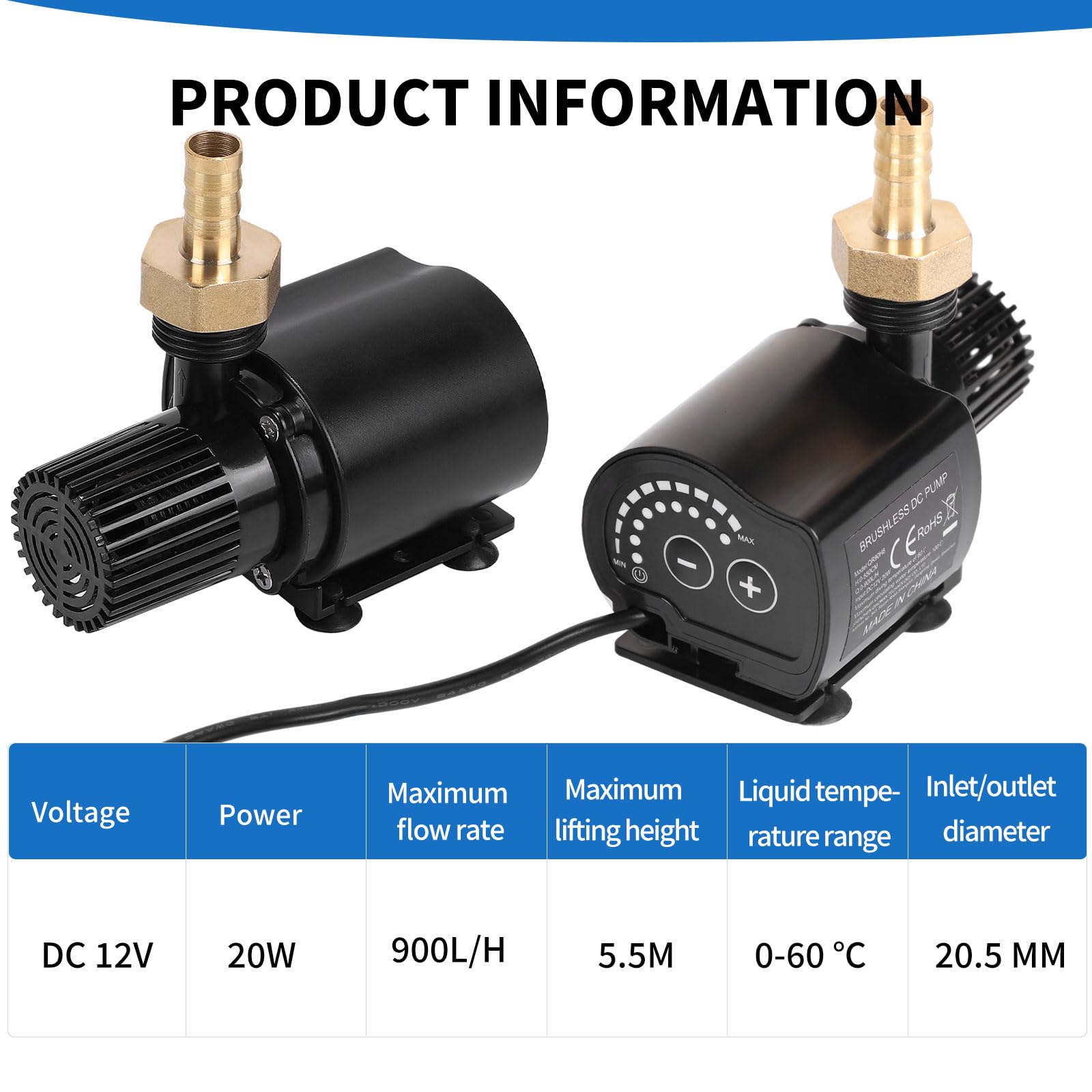 SWAWIS Wasserpumpe 12V 900L/H 5,5M Mini Tauchpumpe Aquarium Pumpe Wasser mit 8-Gang-Drehzahlregelung Wasserpumpe Klein Teichpumpe Springbrunnenpumpe für Wasserzirkulationssystem