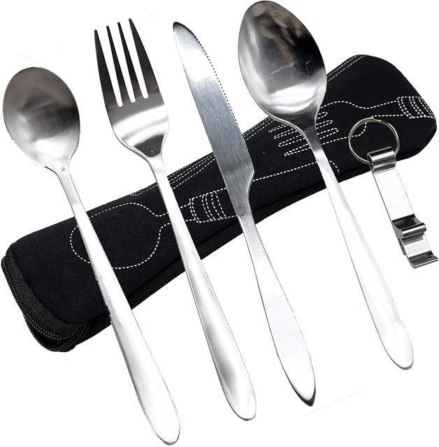 Camping Cutlery, Cutlery Set with Portable Pouch Case, Stainless Steel Flatware Camping Utensil Set with Neoprene Bag for Outdoor Travel Picnic Office School Lunch Box(5pcs)