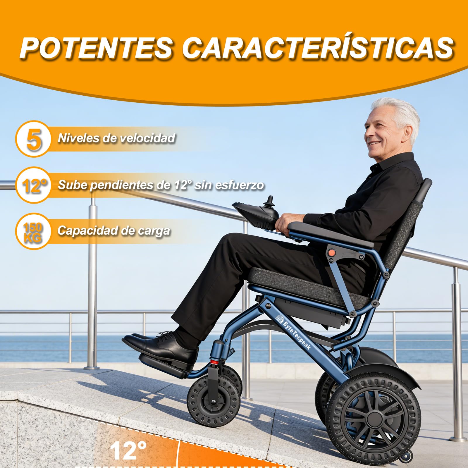 D14 Silla de ruedas eléctrica plegable, alcance 40km, equipada con 2 baterías litio 12Ah, carga 150KG, silla de ruedas eléctrica de aleación de aluminio, para mayores y con movilidad limitada-Azul