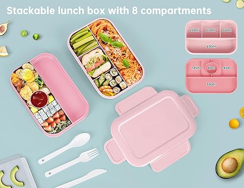 Miniatura 3 de HappyRhino Bento Box - Lonchera para adultos, 67.6 fl oz, doble capa, a prueba de fugas, 4+4 compartimentos, con tenedor y cuchara, sin BPA, apta