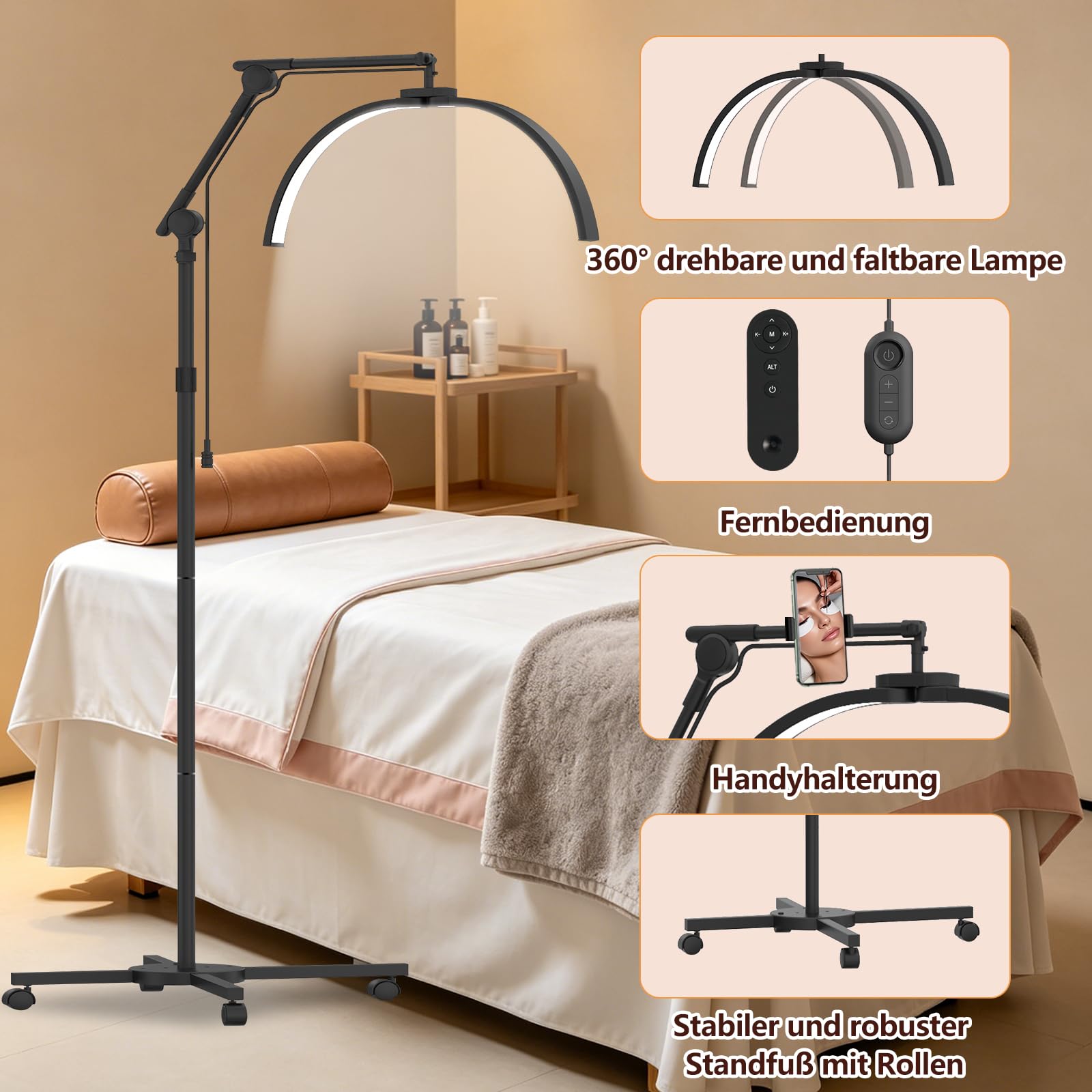 Halbmond Lampe Kosmetiklampe, 28Inch Wimpern Lampe for Wimpernverlängerung, Tattoo, Beauty, Nägel, Faltbare LED Stehlampe mit Rädern, Telefonhalter, Einstellbarer Helligkeit und Höhe