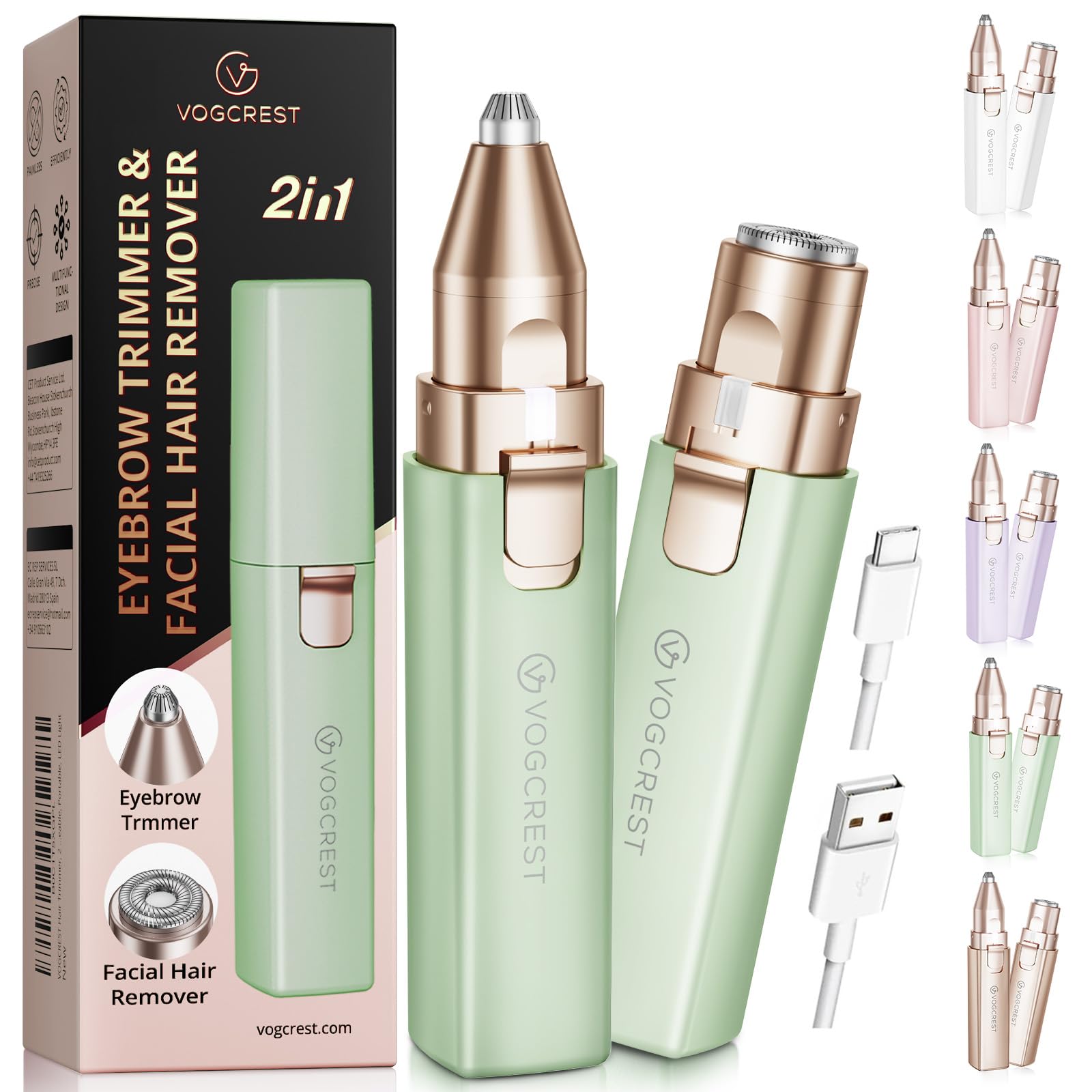 Portable Eyebrow Trimmer & Facial Hair Removal for Women, Rechargeable 2 in 1 Hair Remover and Eyebrow Razor, Eyebrow Lips Body Facial Hair Remover for Women with Built-in LED Light (Green)
