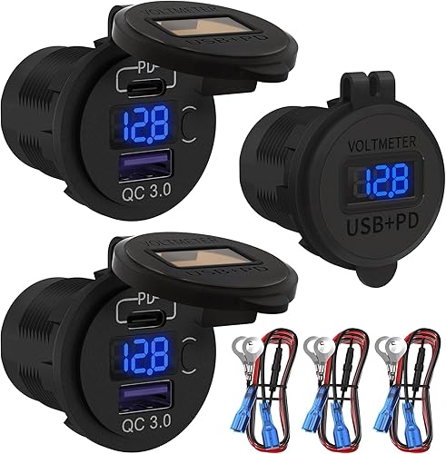 DaierTek Toma de cargador USB C de 12 V salida USB de 12 V 48 W PD tipo C y QC 30 12 voltios puerto de carga USB dual impermeable con voltĂmetro e DaierTek Toma de cargador USB C de 12 V salida USB de 12 V 48 W PD tipo C y QC 30 12 voltios puerto de carga USB dual impermeable con voltĂmetro e