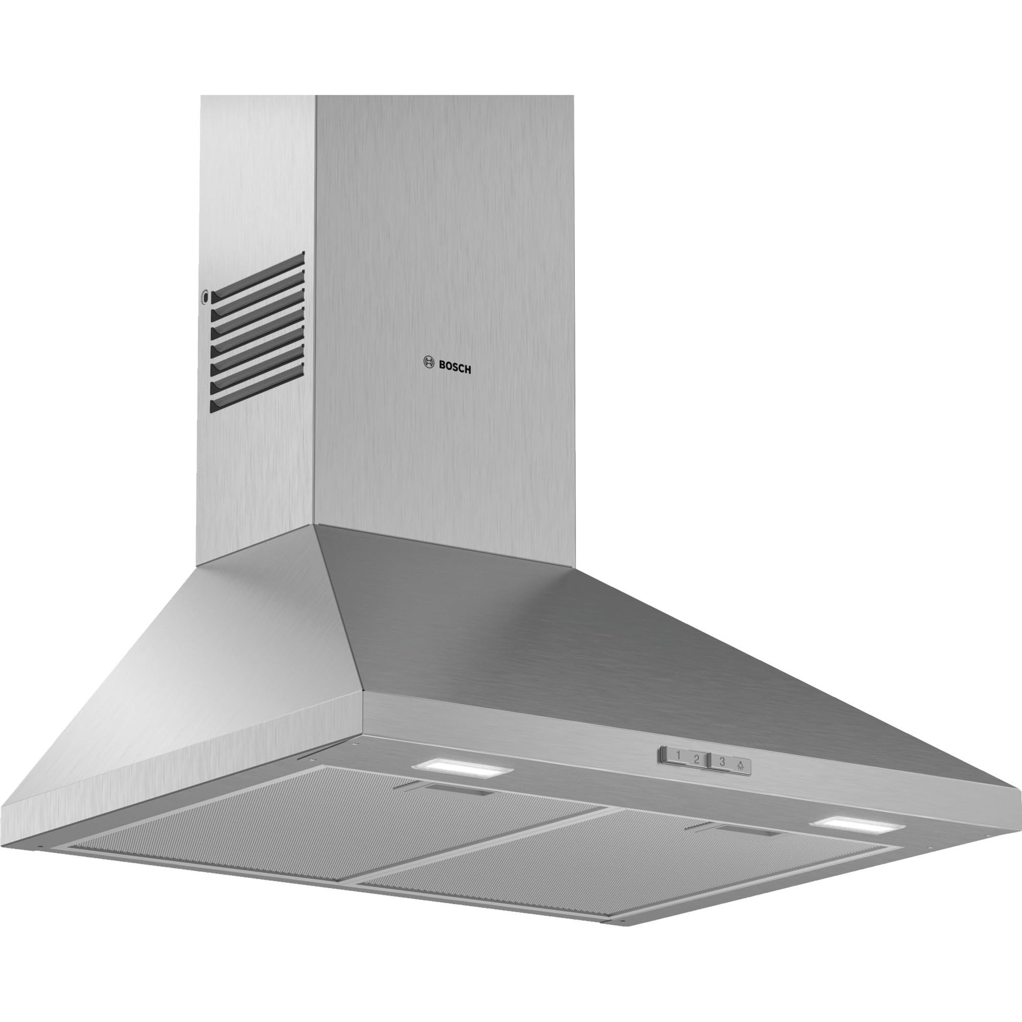 Bosch DWP66BC50 Wandesse, Um und Abluft, Led-Beleuchtung gleichmäßige Ausleuchtung, Drucktastenschalter, 3 Leistungsstufen, Metallfettfilter spülmaschinengeeignet, Serie 2, 60 cm breit