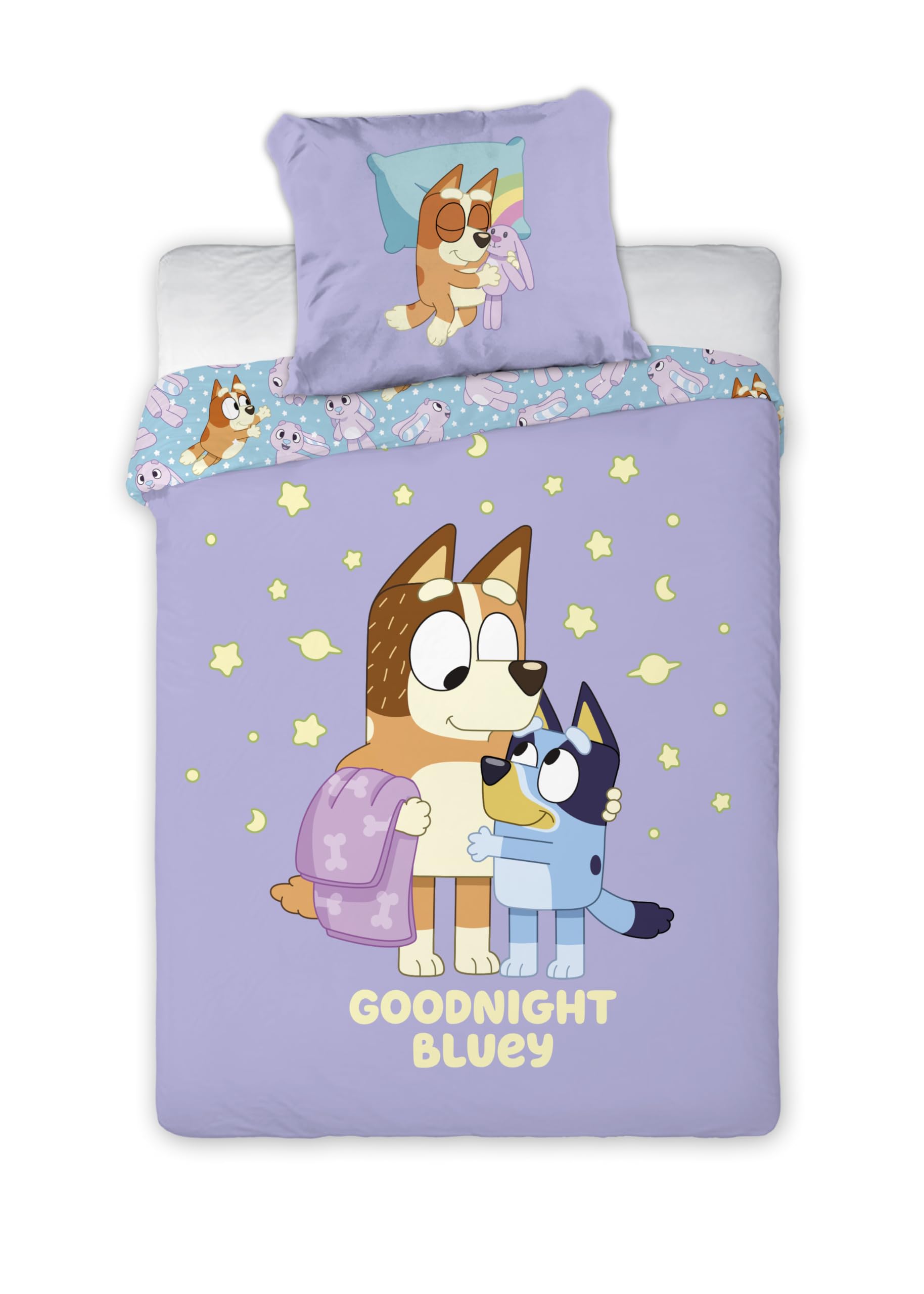 BrandMac Bluey & Bingo Kids Bedlinen Set | Single Size Duvet Cover 140x200 cm with Pillowcase 50x70 cm | Official Bluey Bedding Set | Purple Cartoon Design for Children’s Single Beds