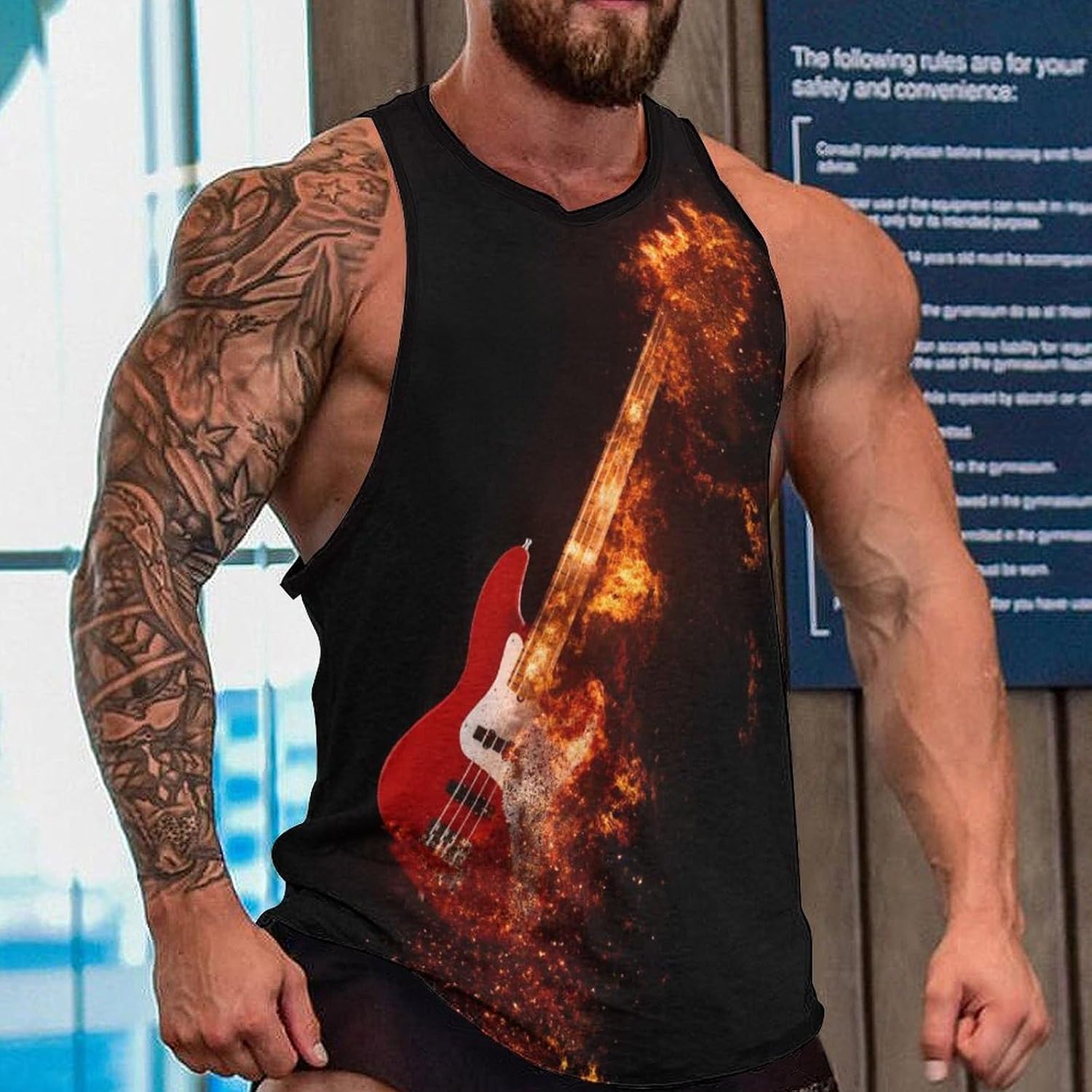 Epic Rock Bass Guitar on Fire Mens Tank Tops Sleeveless Muscle Shirts Beach Casual Gym Shirt Vest Tee Tops