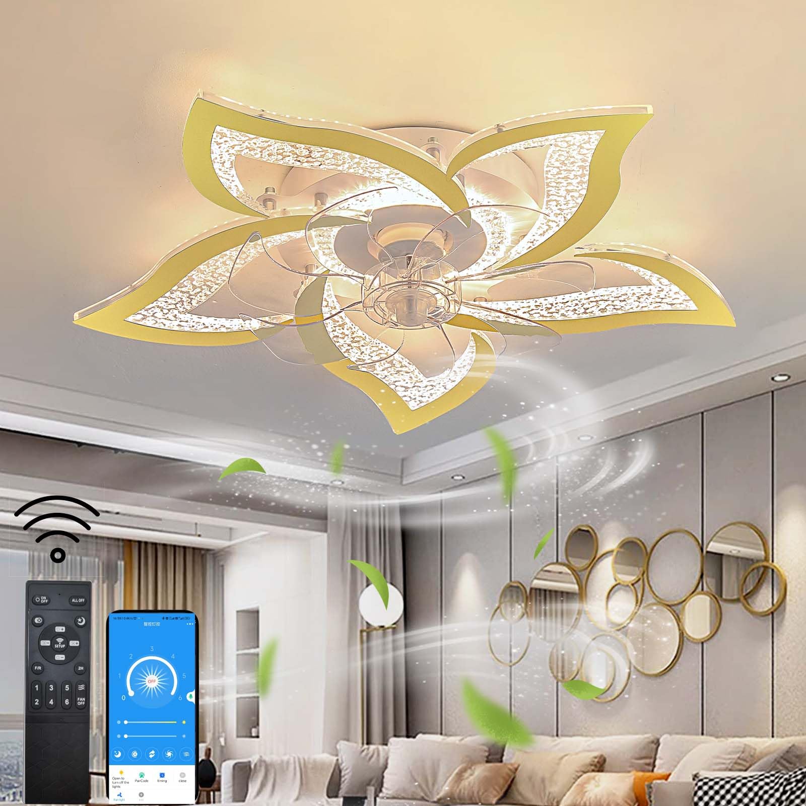 Dobecd Ceiling Fans with Lights and Remote Modern Dimmable Ceiling Fans with Lights Dc Motor App 6 Speed Fan Light Timed Memory Silent Flower Light with Fan 69cm Gold