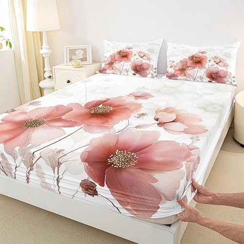 Manfei Sábana bajera ajustable de flores rosas tamaño matrimonial, juego de ropa de cama floral acuarela de 3 piezas para niños, niñas, adolescentes