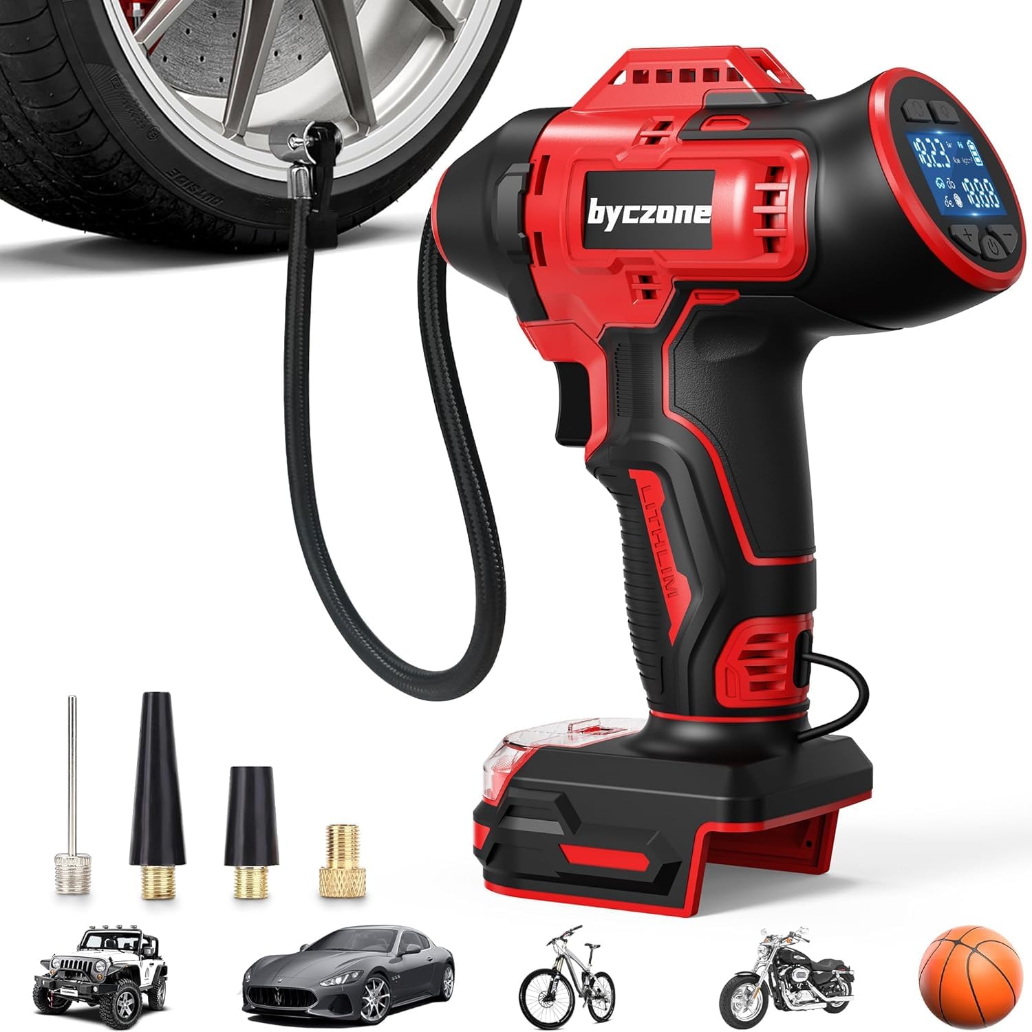 Reifenfüller, kompatibel mit Milwaukee 18 V max. Akku, 160 PSI kabelloser Luftkompressor mit 12 V DC Auto-Adapter, LCD-Digital-Manometer für Auto, Fahrrad, Sportball (ohne Batterie)