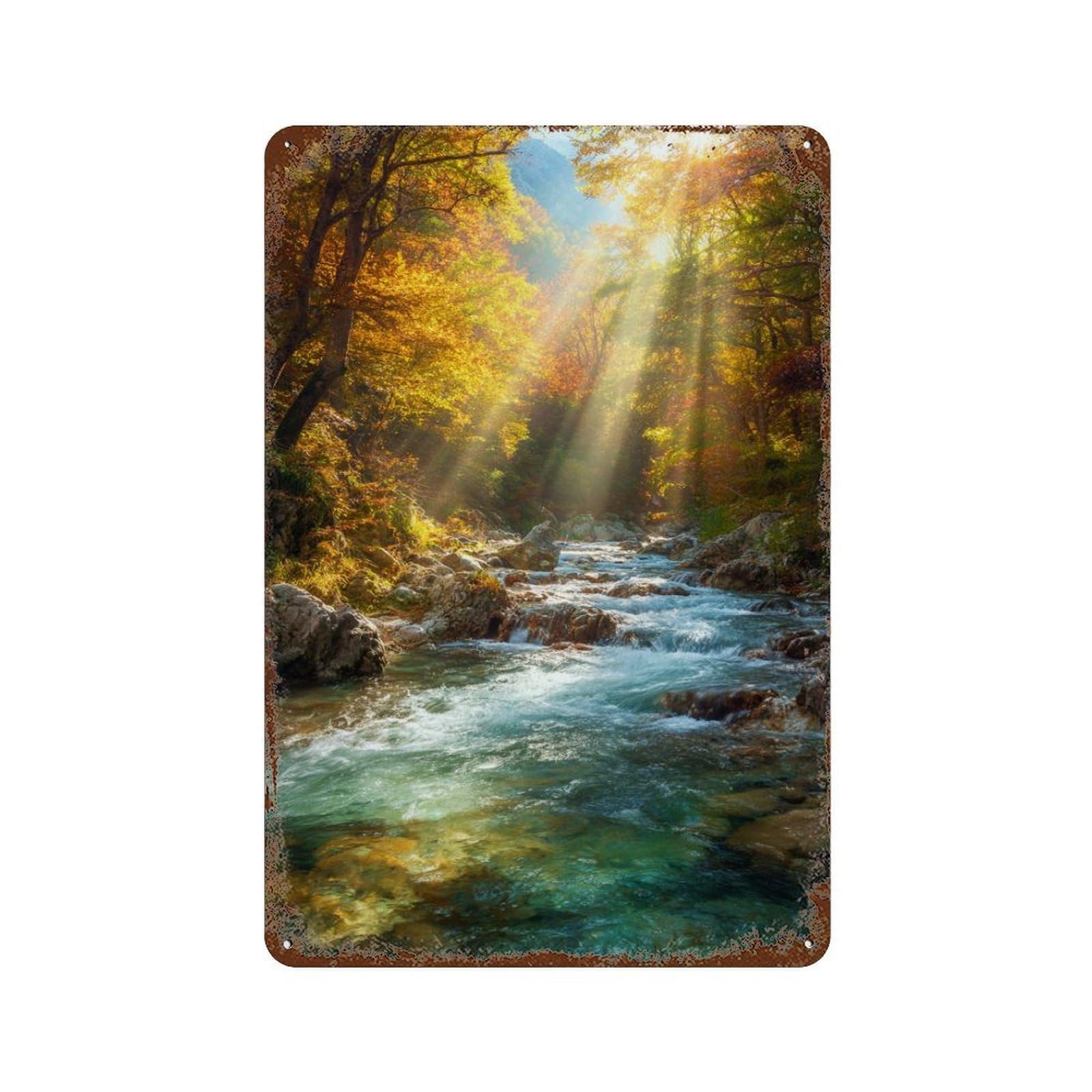 Autumn Forest Stream Scene 11.8"x7.9" Vintage Metal Tin Sign, Novelty Wall Decor for Basement, Hobby Room And Garage Decor