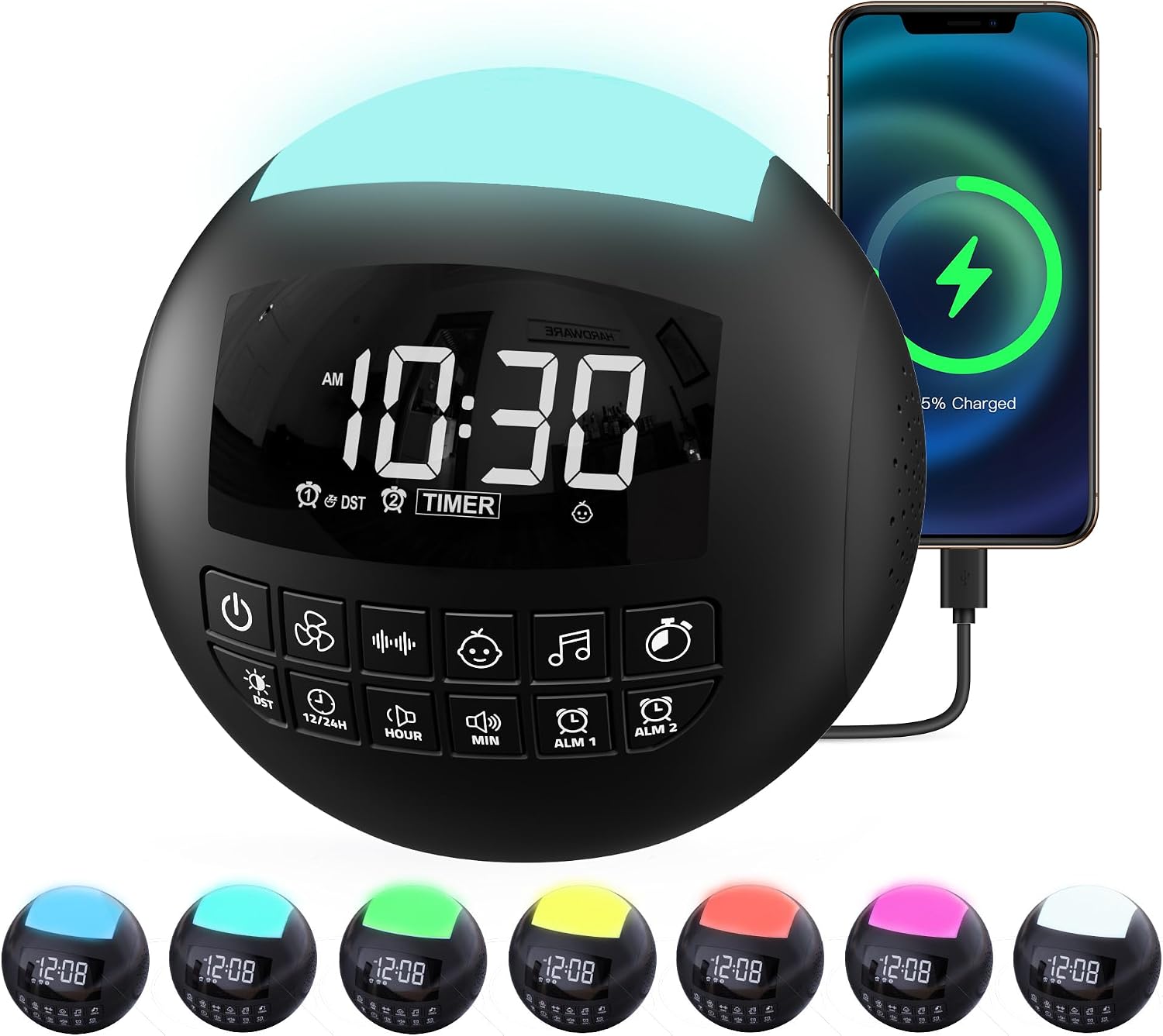 White Noise Machine with 42 Non Looping Natural Sleeping Sounds for Baby Adults,Dual Alarm Clock for Bedrooms with 2 Charger Ports,7 NightLights,6 Timers,9 Alarms,Adjustable Brightness,Memory Function