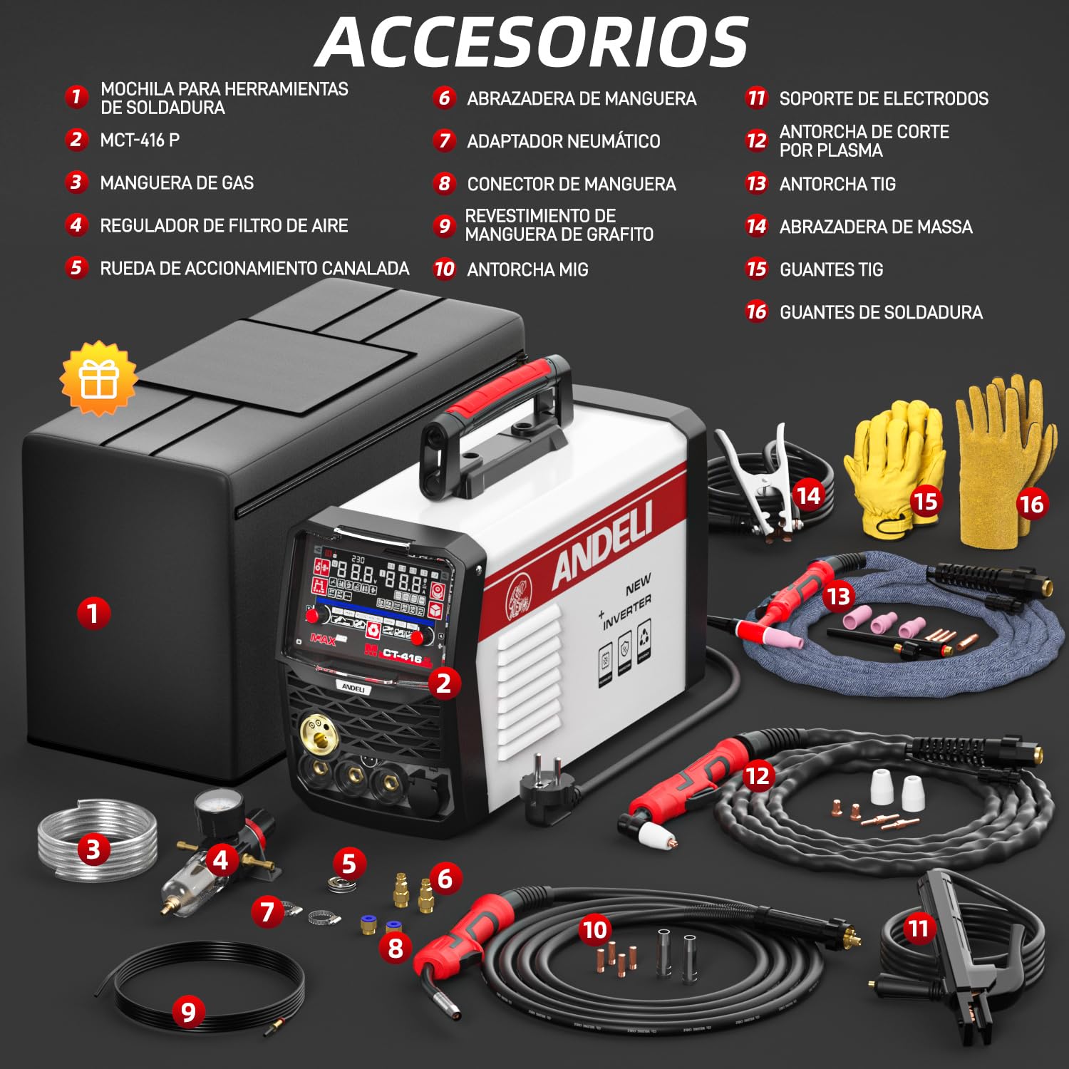 ANDELI Soldador Multifuncional 6 en 1 230V 160A – Maquinaria Combinada Soldador de Aluminio HF TIG/MIG/MMA+Flux Core, Cortador de Plasma 40A, Arco Pulsado, Inversor IGBT MCT-416P