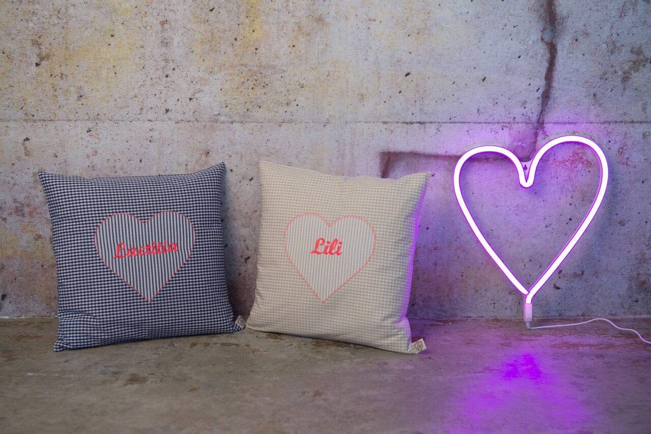 Kissen personalisiert VICHY beige mit Herz von paula & ferdinand - Kissen mit Name - Geschenk zur Geburt und Taufe