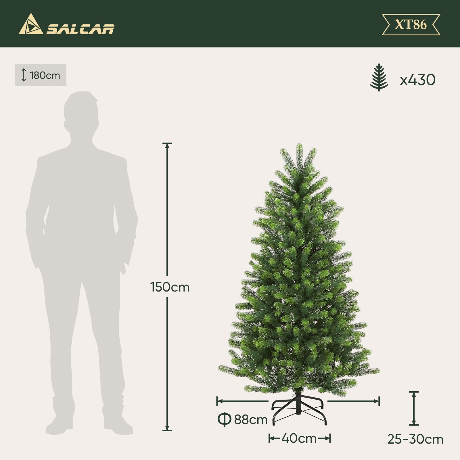SALCAR Premium Kunst-Tannenbaum 150 cm – Vollständig aus PE – Runde, weiche Nadeln in Naturgrün – Hochwertiger Metallfuß – Edle Weihnachtsdekoration