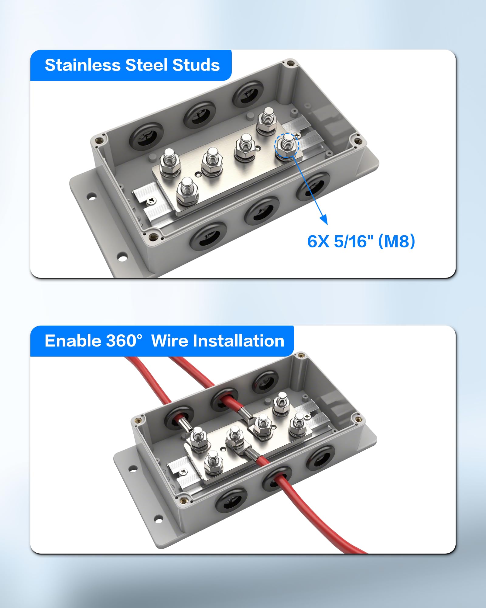 500 A 12 V Sammelschiene, robuster Stromverteilerblock mit 6 x 5/16 Zoll (M8) Klemmbolzen, wasserdicht, Marine-Sammelschiene für Auto, Boot, Wohnmobil, Solaranlage