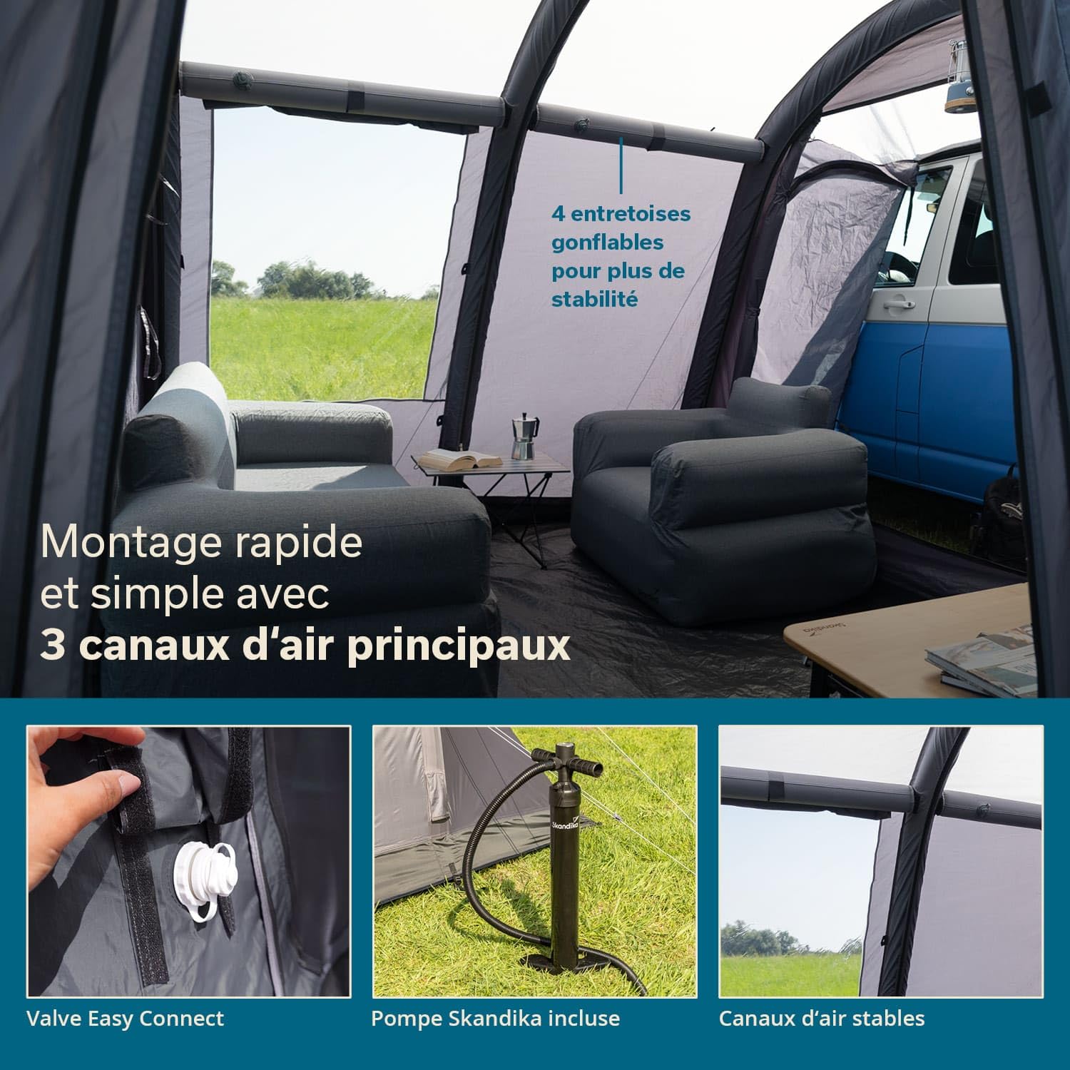 Skandika Vejers Air Protect Auvent gonflable pour 4 personnes, sol cousu, hauteur 2 m, colonne d'eau 3000 mm, tente tunnel pour voiture, bus, van, bulli, minivan