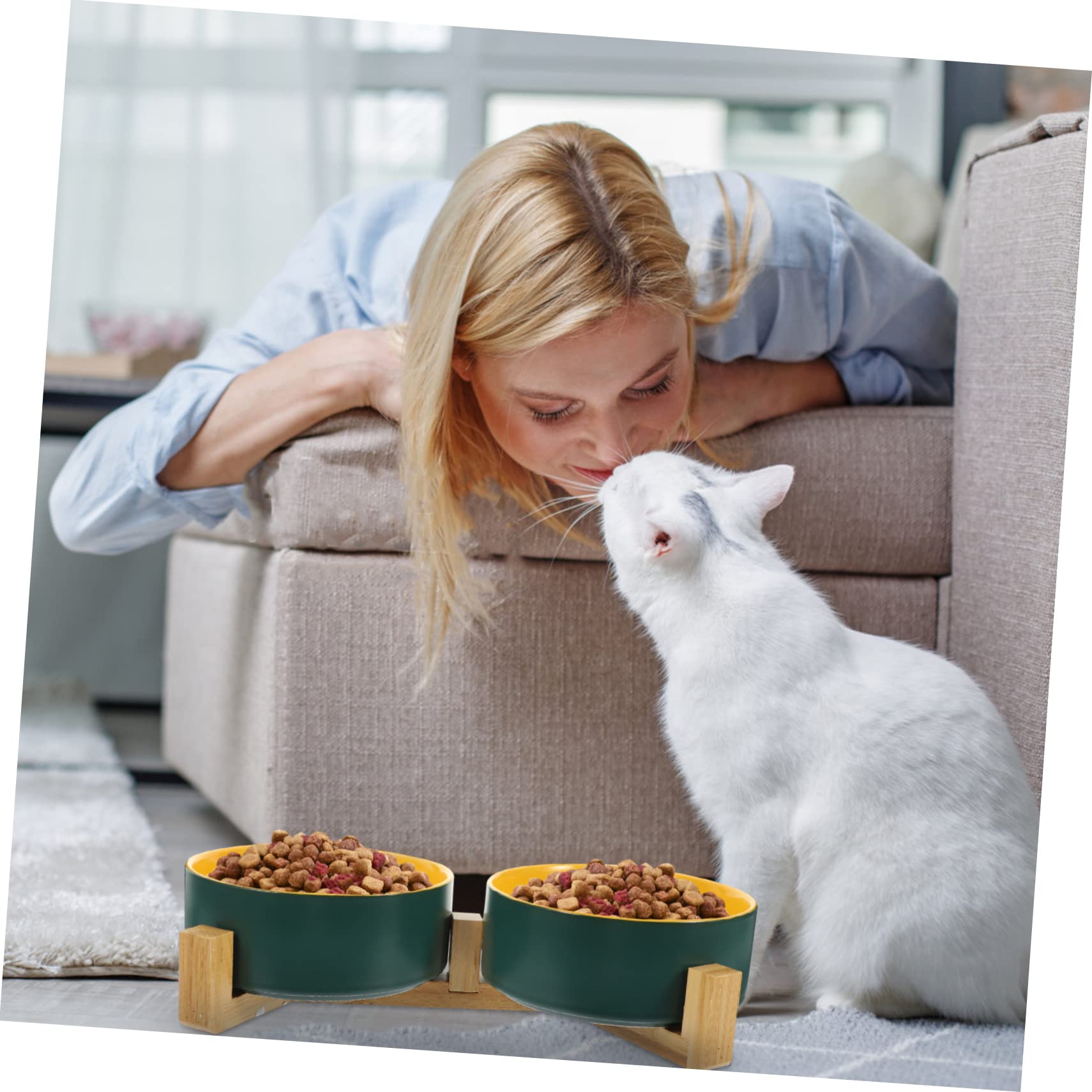 ibasenice Gamelle Double avec Support en Bois Surélevé, Facile à Laver en Céramique pour Chat pour Nourriture et Eau en Toute Occasion