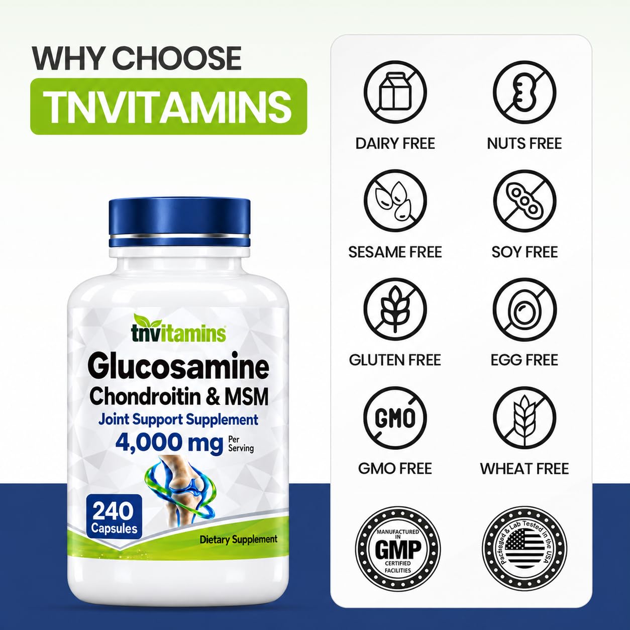 tnvitamins Glucosamine Chondroitin MSM, 240 Capsules, 4,000 mg Per Serving, Glucosamine Sulfate 2KCl, Joint Support Supplement for Men & Women — Amazon image 6