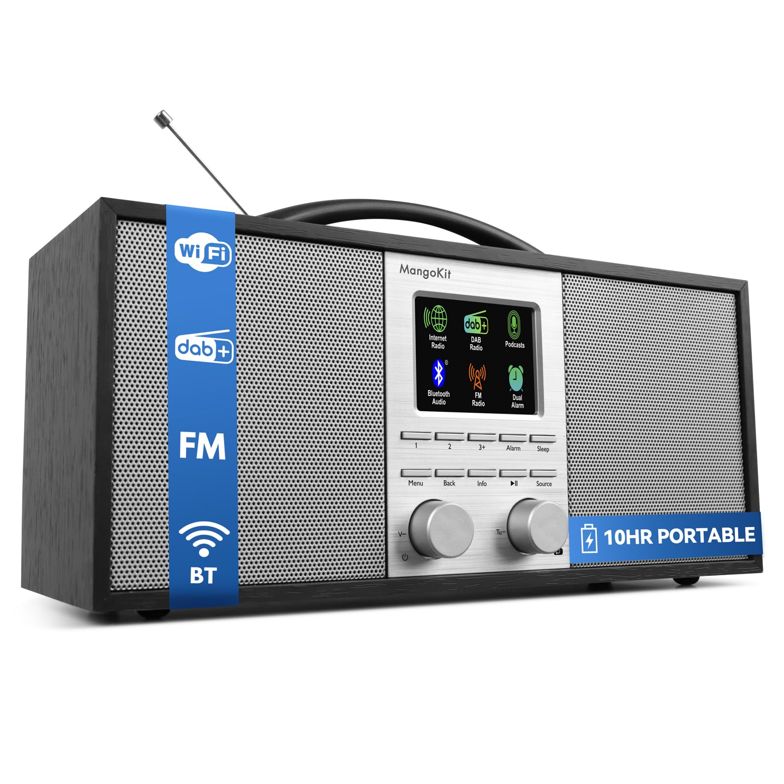 SR40 Internetradio mit Bluetooth, Podcast Player-DAB/DAB+,UKW Stereo Digitalradio, Akku 10+Stunden, 2.0 Lautsprecher,150 Senderspeicher, Radiowecker,Holzgehäuse & Aluminiumgriff-Schwarz