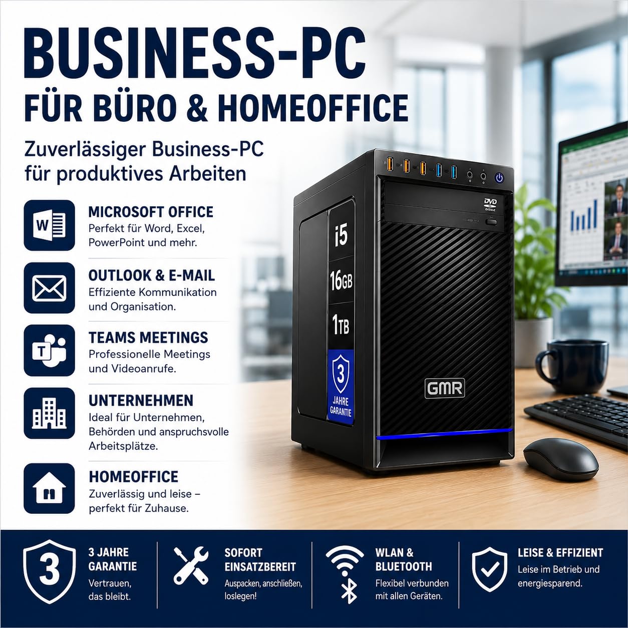 GMR Business PC für Büro, Homeoffice und Unternehmen | Bürocomputer mit Intel Core i5 | 16 GB RAM | 1 TB SSD | Windows 11 Pro | WLAN & Bluetooth | 3 Jahre Garantie