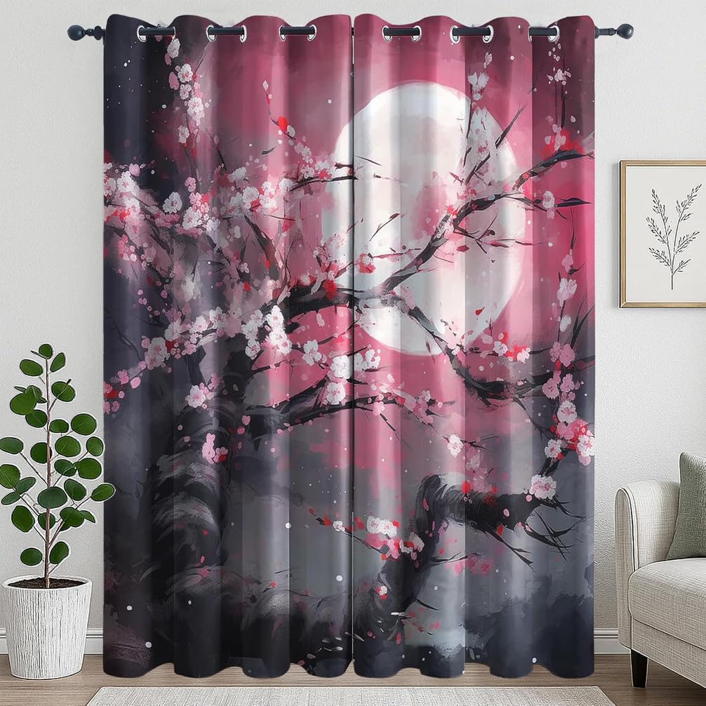 Rideau Motif Style Japonais Fleurs de Cerisier, Rideaux Thermiques Isolant Anti Froid, Rideaux Occultant À Oeillets, Lot De 2 Rideau Blanche Motif 140x240 Cm Décoration Salon,L,140x200H cm (2 panels)