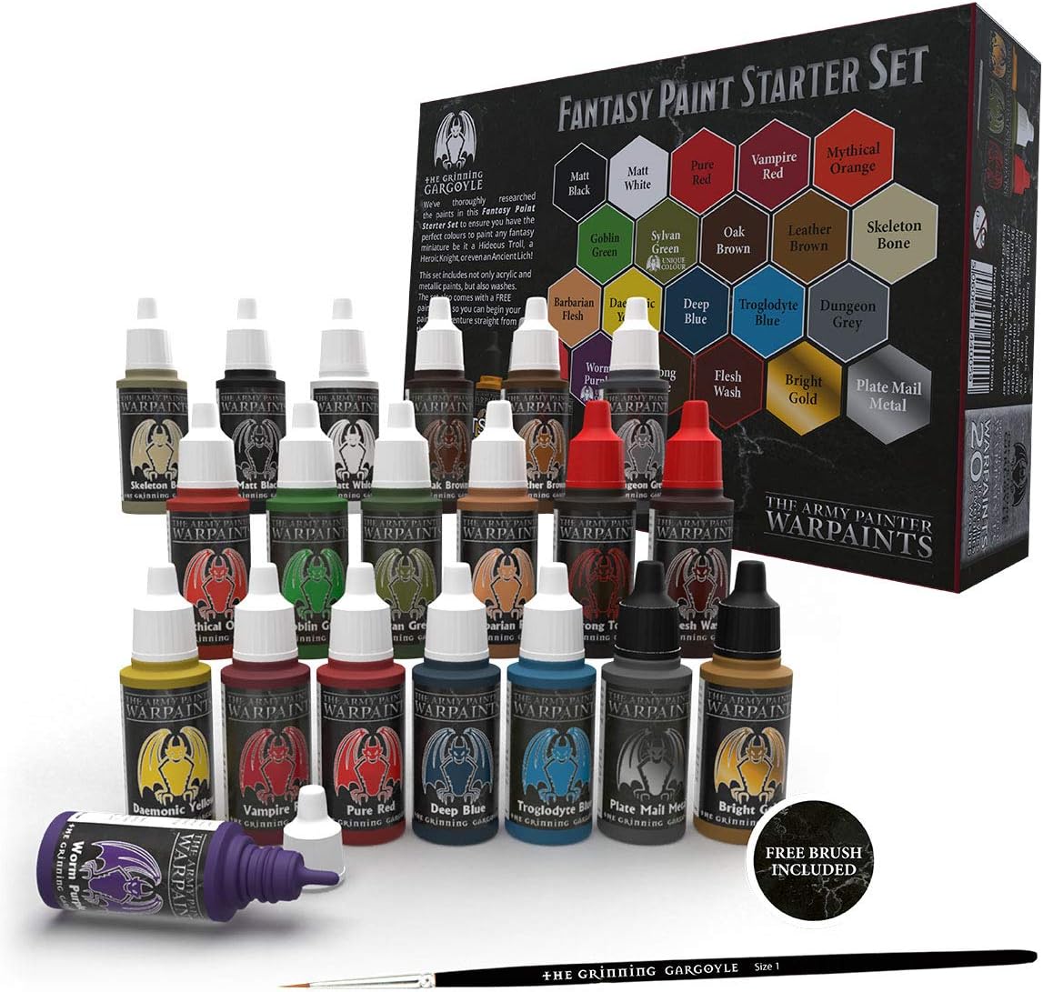 Grinning Gargoyle Fantasy Paint Set - The Army Painter Paints for Roleplaying Tabletop Figure - 20x Acrylic Paints and a Paint Brush - Unique Warpaints for Miniature Model Hobby Painting (Starter)