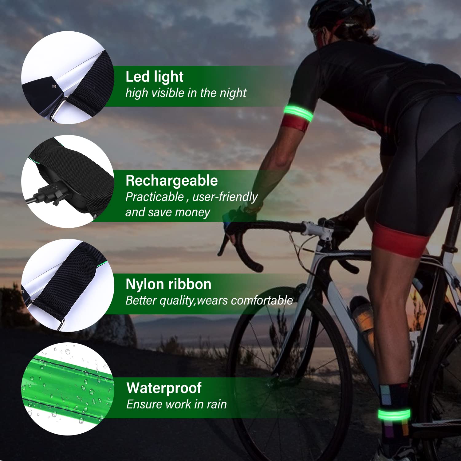 Bande Catarifrangenti LED Braccialetto Ricaricabile USB 3 Modalità Illuminazione Fascia Braccio Sicurezza Alta Visibilità per Running Bici Corsa Notturna (Verde)