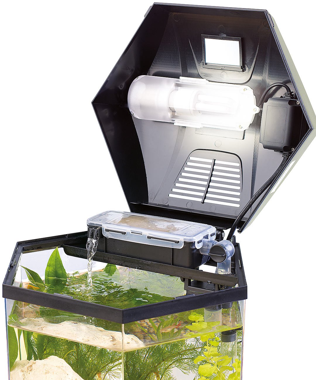 infactory Mini Aquarium Set: Beleuchtetes Panorama-Aquarium Hexagon, Komplett-Set, 19 l (Mini Komplettset, Panorama Komplettset, Eck)