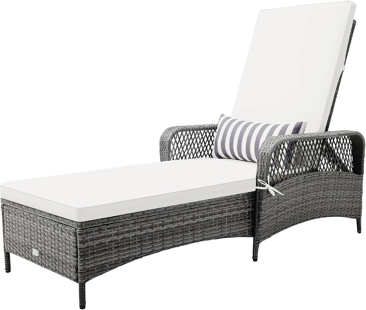 PE Rattan Chaise Lounge Chair, 6 Gear Adjustable Recliner | with Armrest & Pillow, Wicker Outdoor Furniture for Deck, Patio (1, Gray)