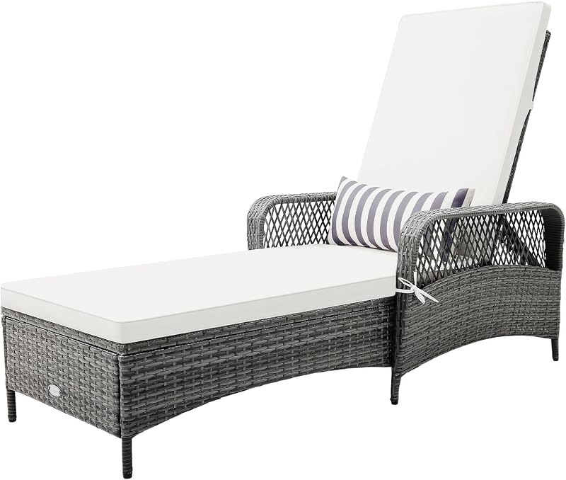 PE Rattan Chaise Lounge Chair, 6 Gear Adjustable Recliner | with Armrest & Pillow, Wicker Outdoor Furniture for Deck, Patio (1, Gray)