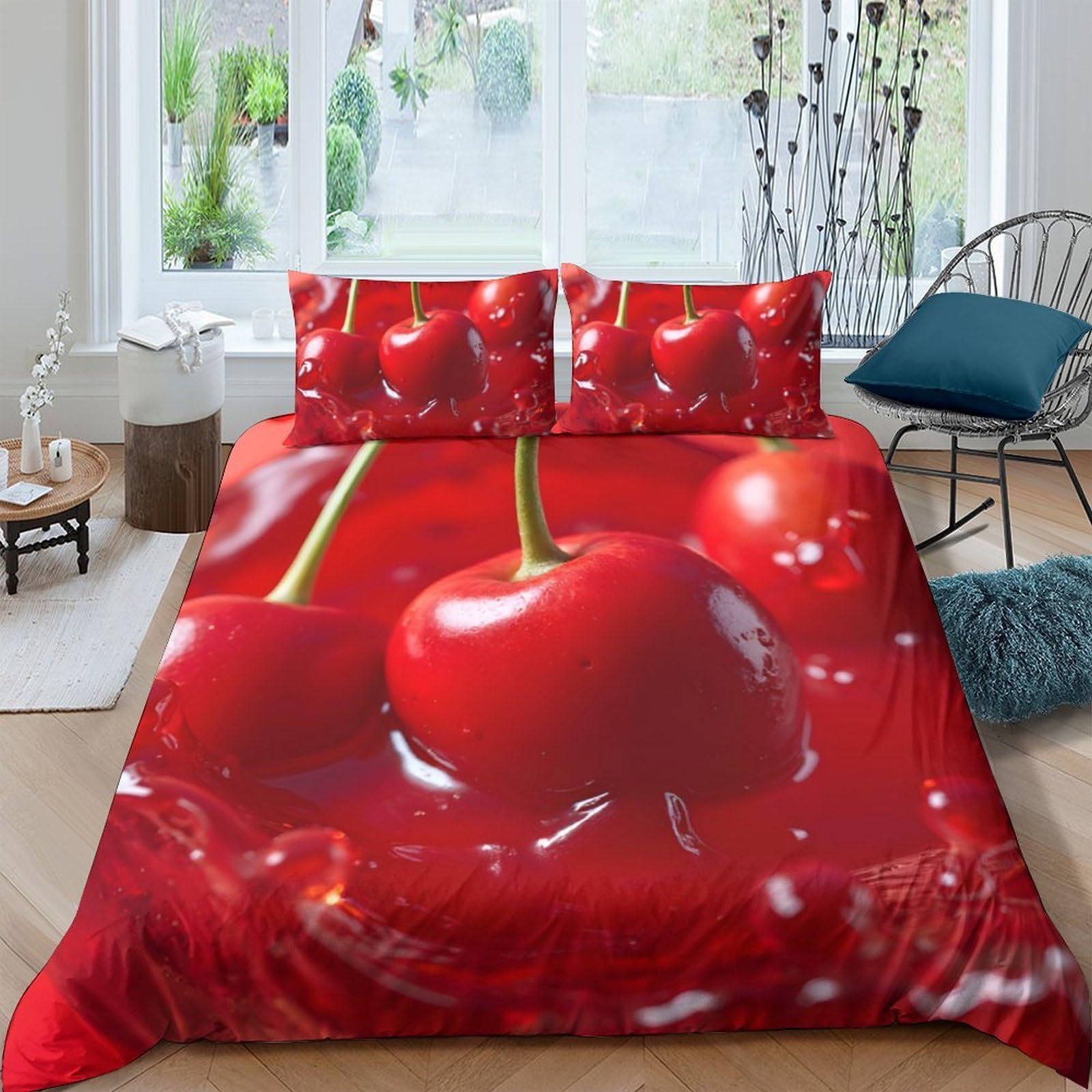 Ctjqhvkz Style-1 3D Printed Cherry Red Fitted Sheet Microfiber Soft Bedroom Decor Sweet Fruit Bed Cover Anti-Slip Easy Care Single（135X200cm）