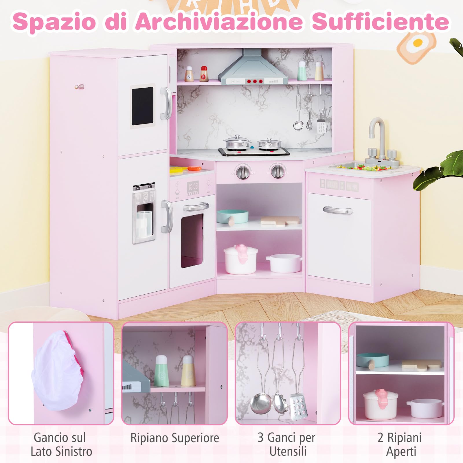 RELAX4LIFE Cucina Giocattolo per Bambini, Cucina Lussuosa in Legno con Effetti Luminosi e Sonori, Forno, Microonde, Macchina del Ghiaccio Lavastoviglie e Lavagna, Regalo per Bambini 3+ Anni (Rosa)