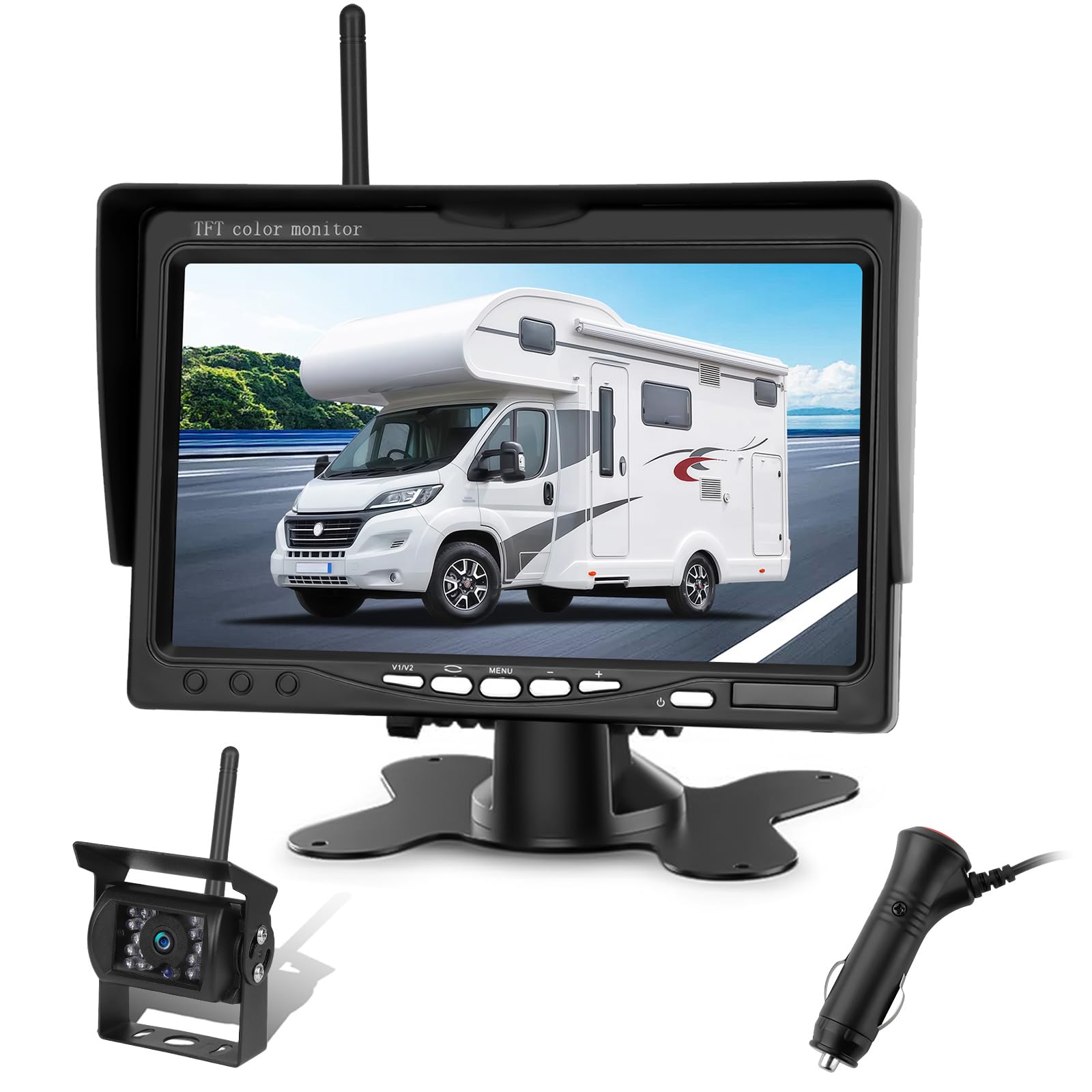 Rückfahrkamera Kabellos Set mit 7" HD Rear View Monitor, IP68 wasserdichte Auto Rückfahrkamera Funk,HD Monitor, Nachtsicht, Weitwinkel,Stabilem Signal,für Wohnmobil Wohnwagen Anhänger LKW