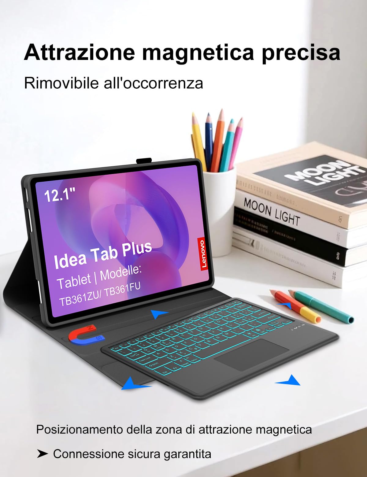 Cover con Tastiera per Lenovo Idea Tab Plus 12.1" (2025) & Tab K12 12.1" TB361FU/TB361ZU, Italiano, Con Retroilluminazione 7 Colori e Touchpad, Bluetooth, Fascia Penna