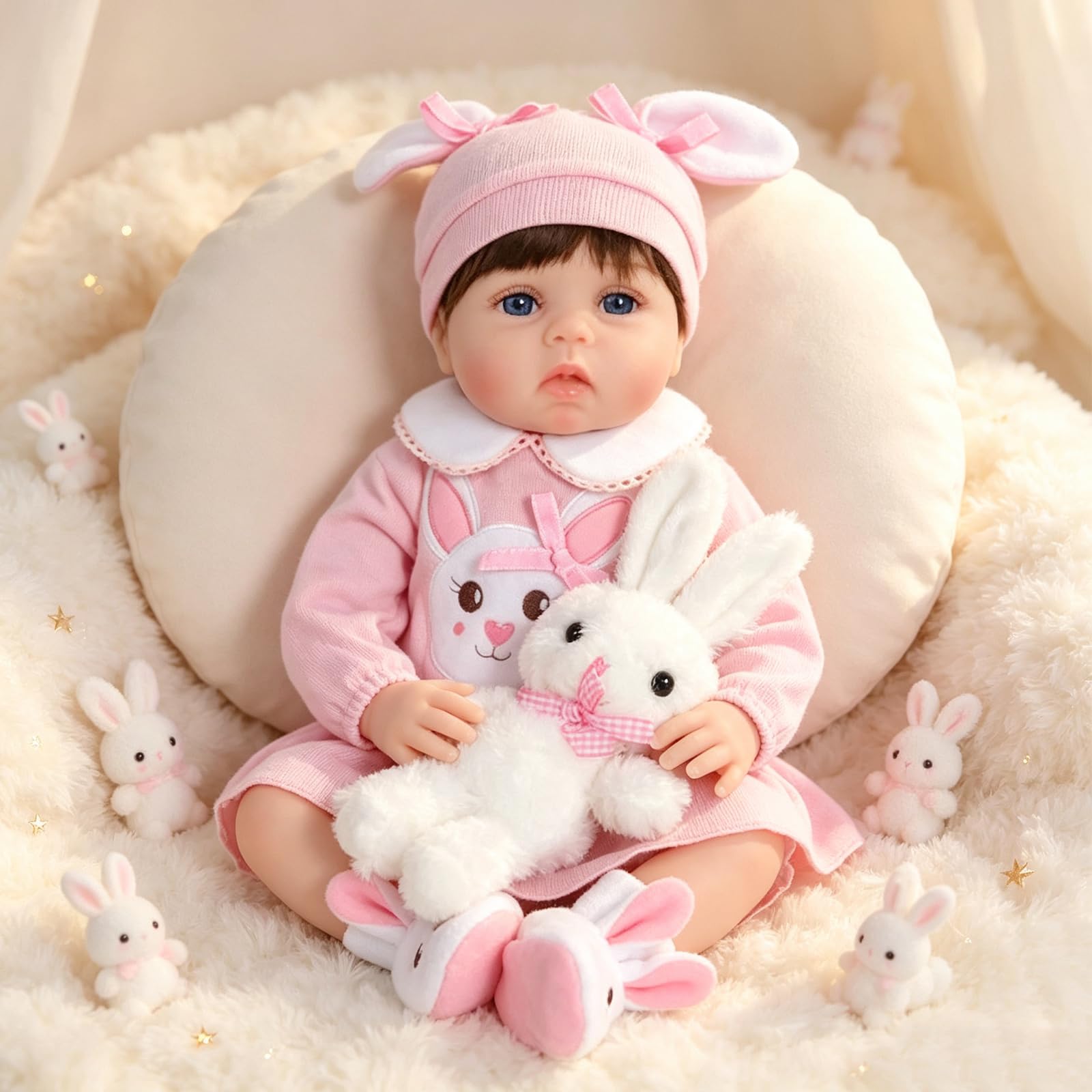 22 Pollici Bambole Reborn realistica bambine 55 cm, corpo imbottito in cotone, tuta a tema coniglio rosa, ciuccio, biberon e Sonagli, regalo per bambini dai 3 anni in su