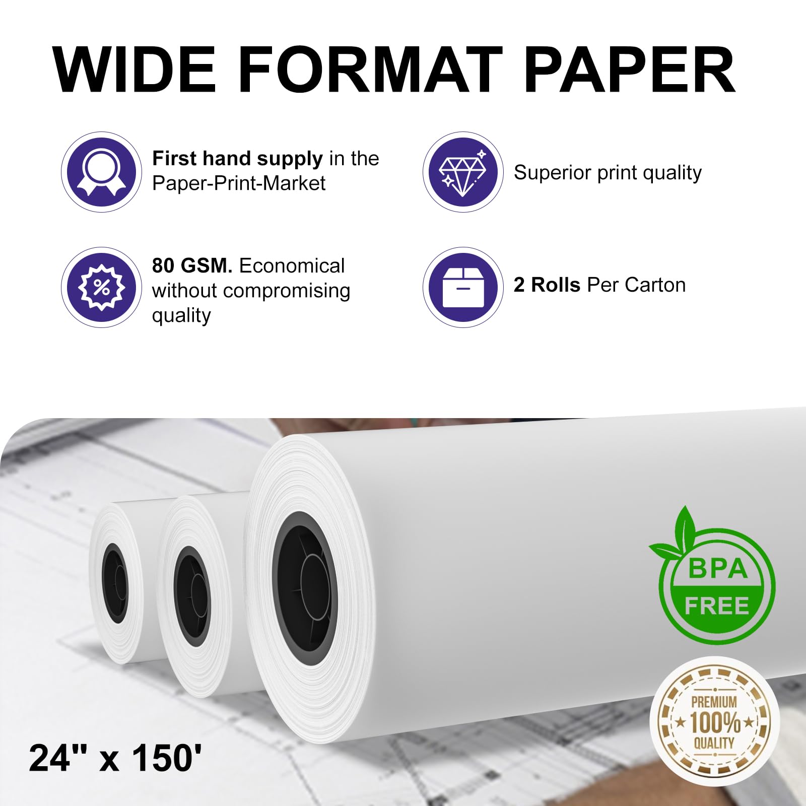 Lot de 2 rouleaux de papier de traceur CAO blanc de 61 cm x 45,7 m de large