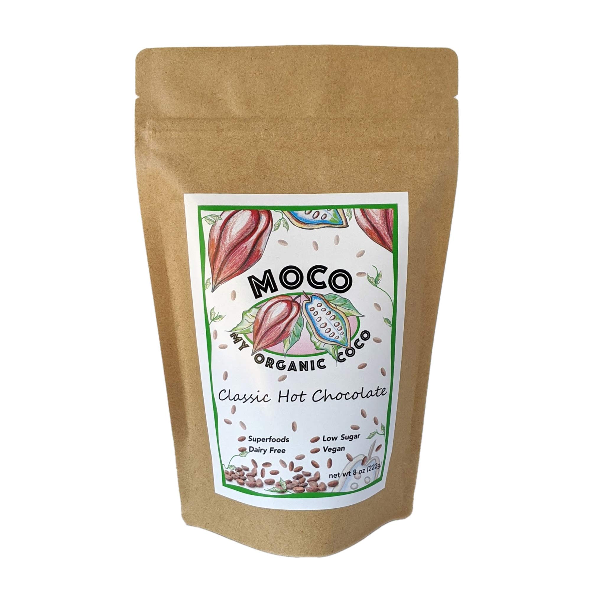 MOCO (My Organic Coco) – Organic Cacao Hot Chocolate Mix with Maca– Vegan, Dairy-Free, Low Sugar & Gluten Free Superfood Hot Cocoa - 8 Ounce