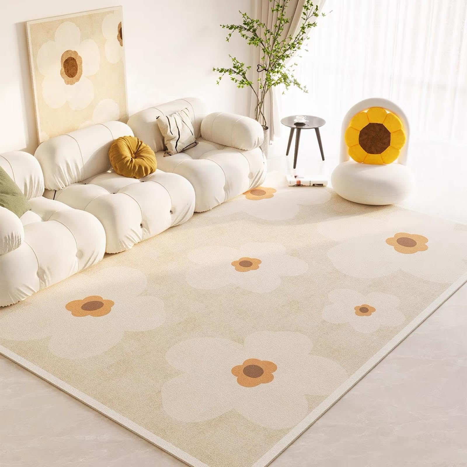 Table basse et salon réchauffés par un tapis crème doux